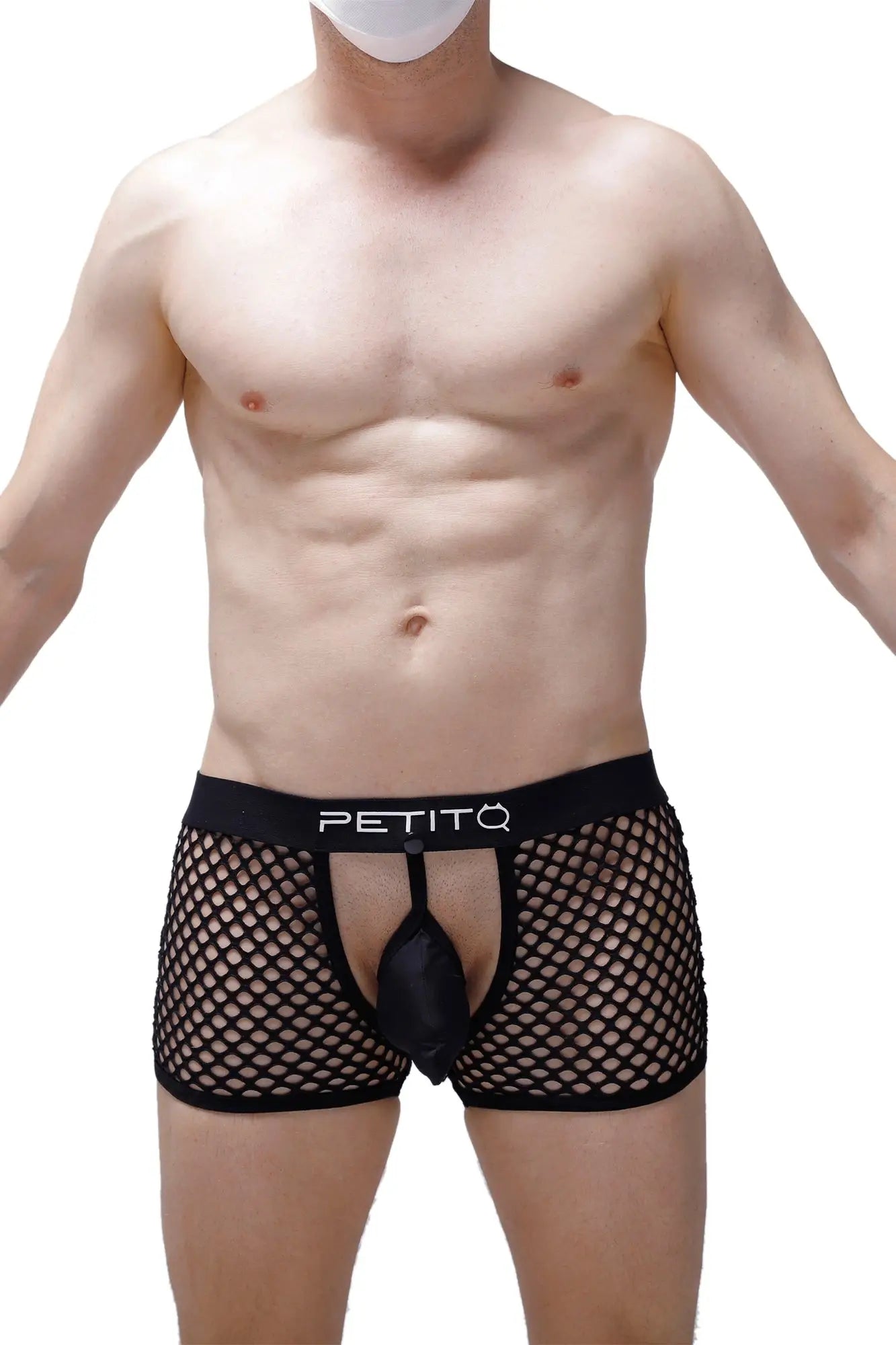 Black mesh petitô briefs with central pouch and branded waistband from petitq boxer delle mesh black collection