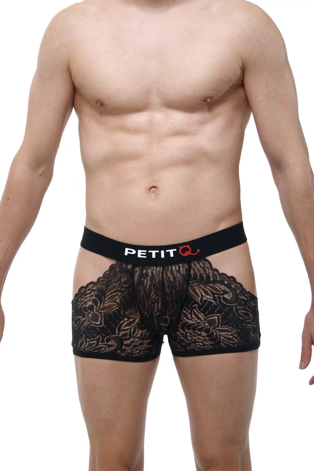 Black lace boxer briefs with floral pattern and black elastic waistband featuring petitq logo from petitq boxer dentelle trévoux black