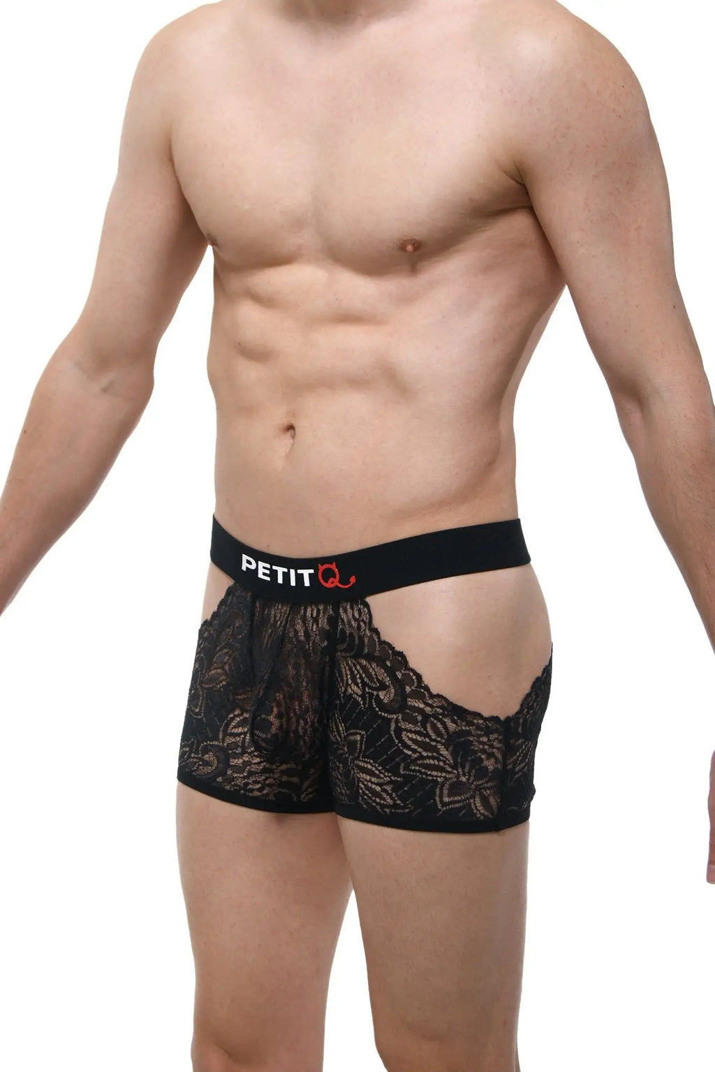 Black lace boxer briefs with floral pattern and black elastic waistband featuring petit q logo in white text