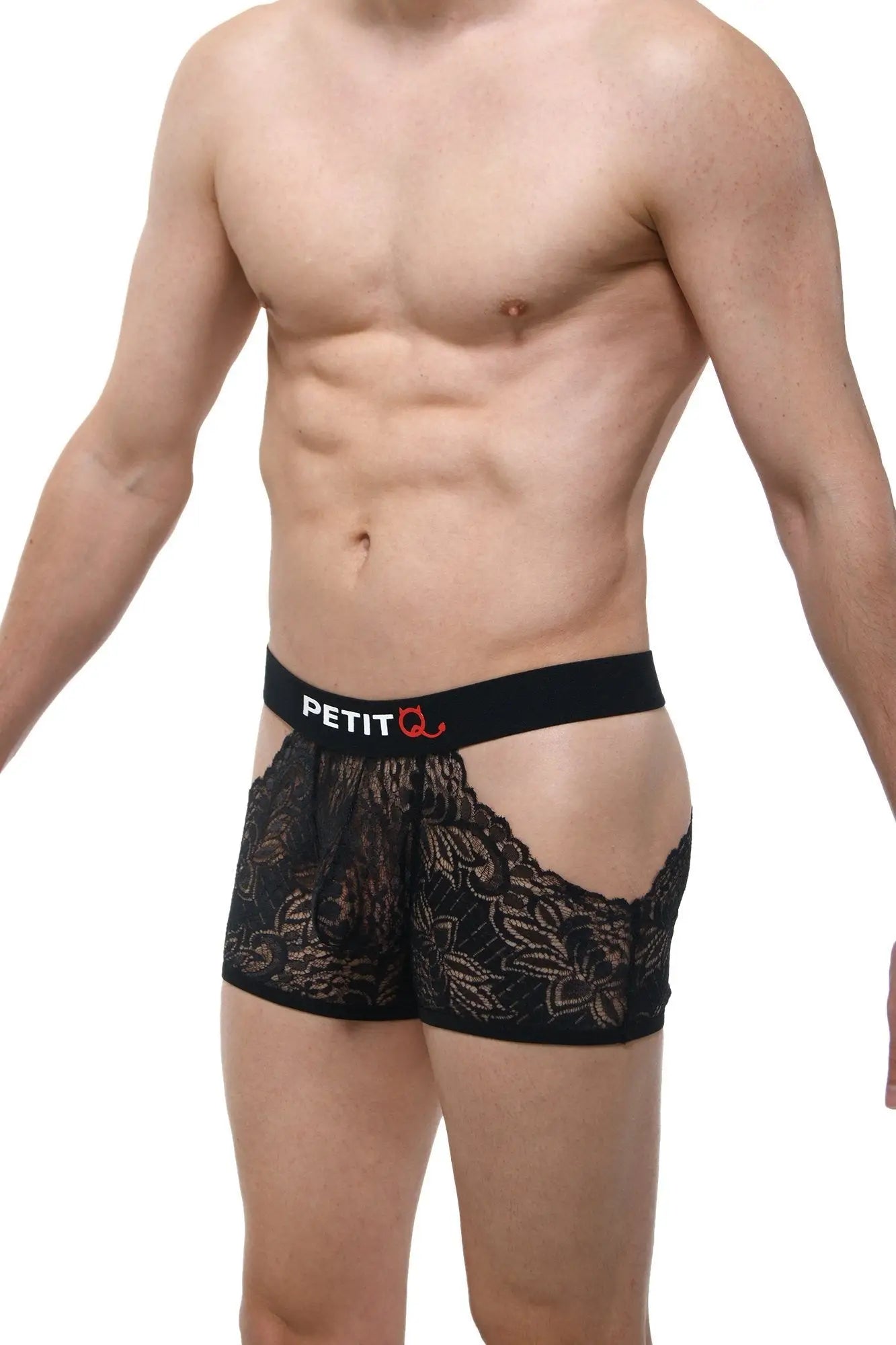 Black lace boxer briefs with floral pattern and black elastic waistband featuring petit q logo in white text