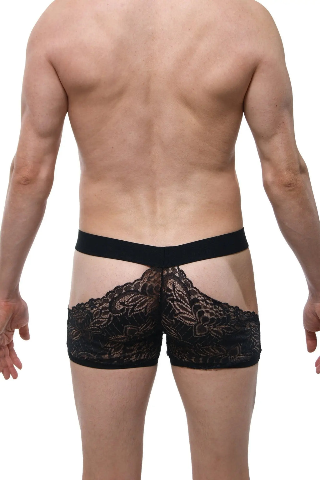 PetitQ boxer dentelle Trévoux black black lace underwear with sheer floral pattern and elastic waistband front view