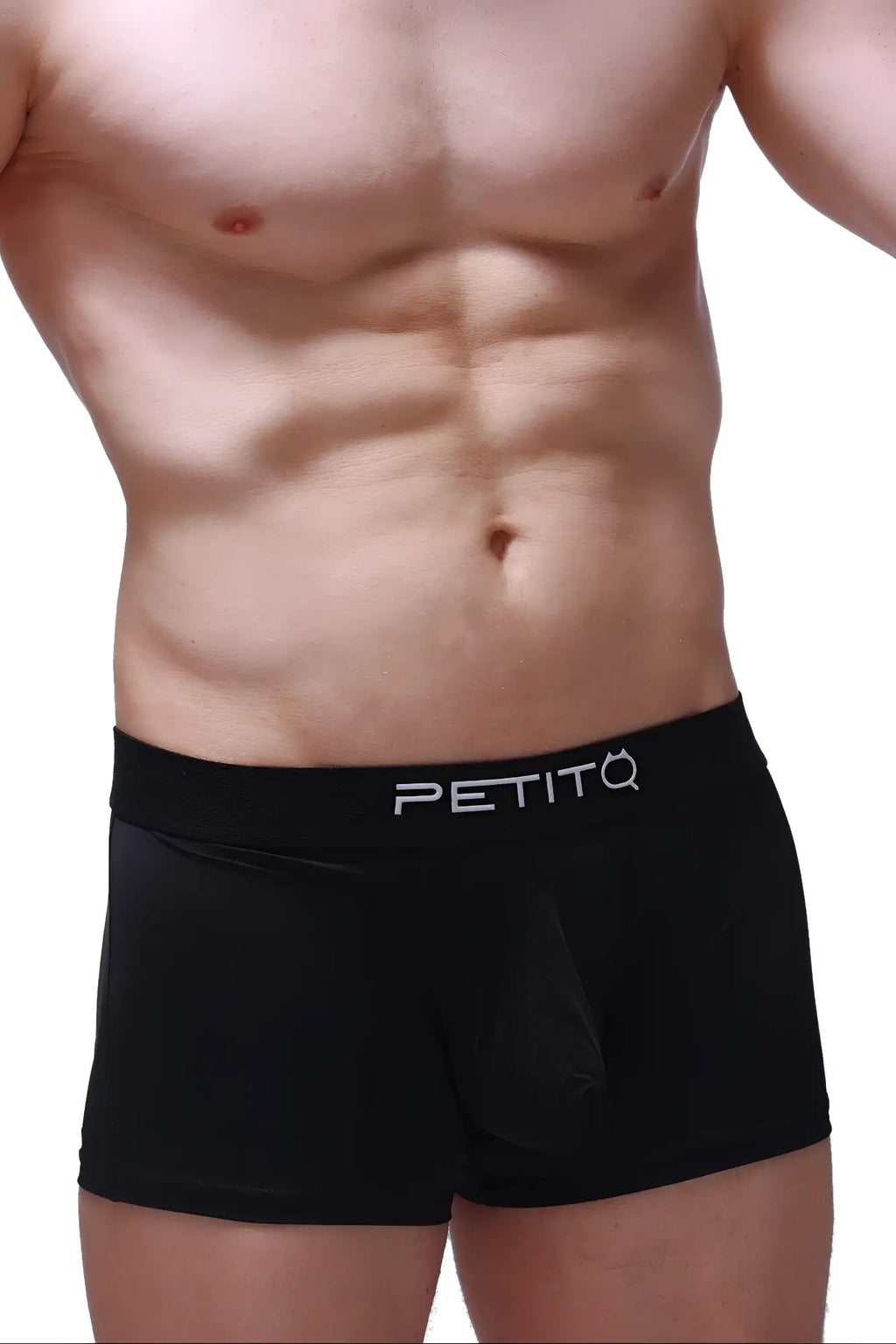 Black PetitQ boxer hang boxer briefs with sleek form-fitting design and subtle white branding on the waistband