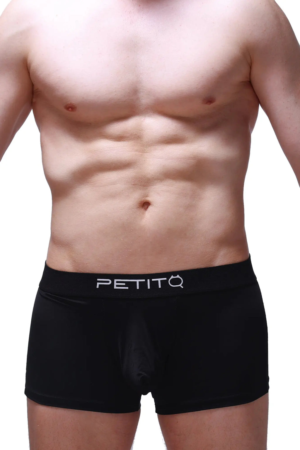 Black petitq boxer hang briefs with smooth form fitting design and white logo on waistband
