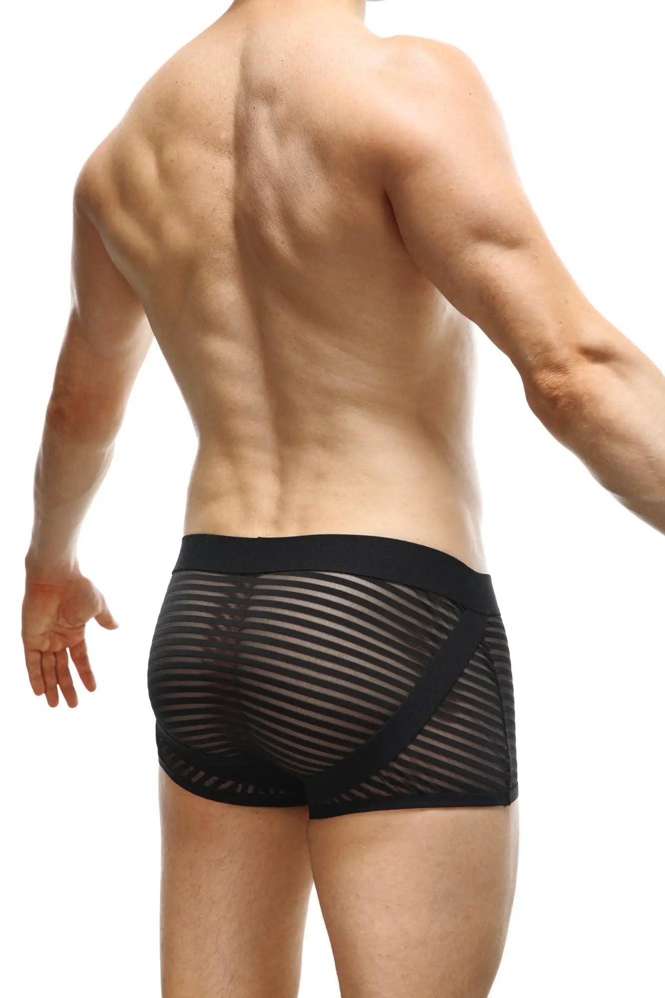 Black mesh PetitQ boxer jock briefs with diagonal striped pattern and solid black waistband