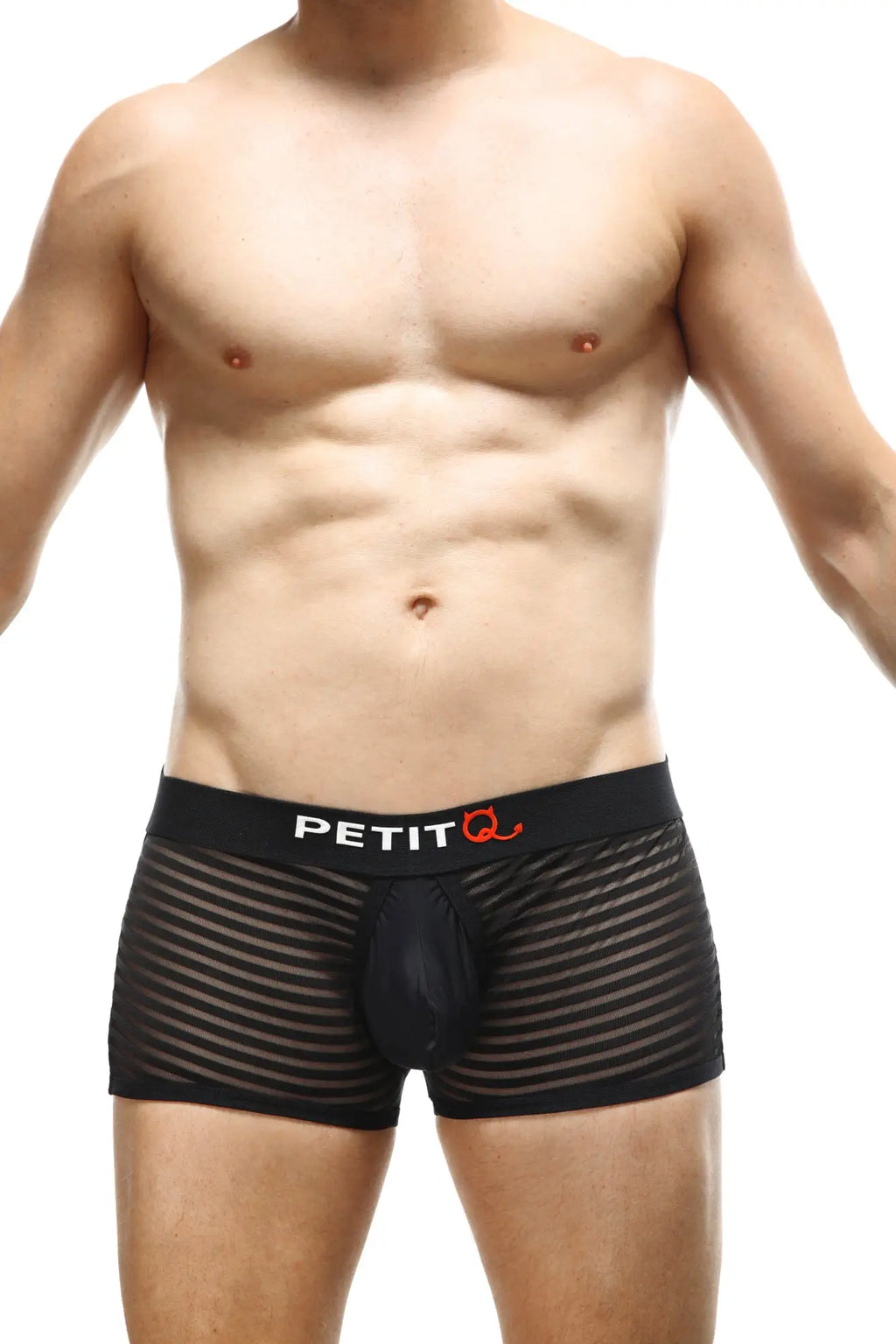 Black mesh petitq boxer jock mesh bars with solid black pouch and petit q logo on waistband front view