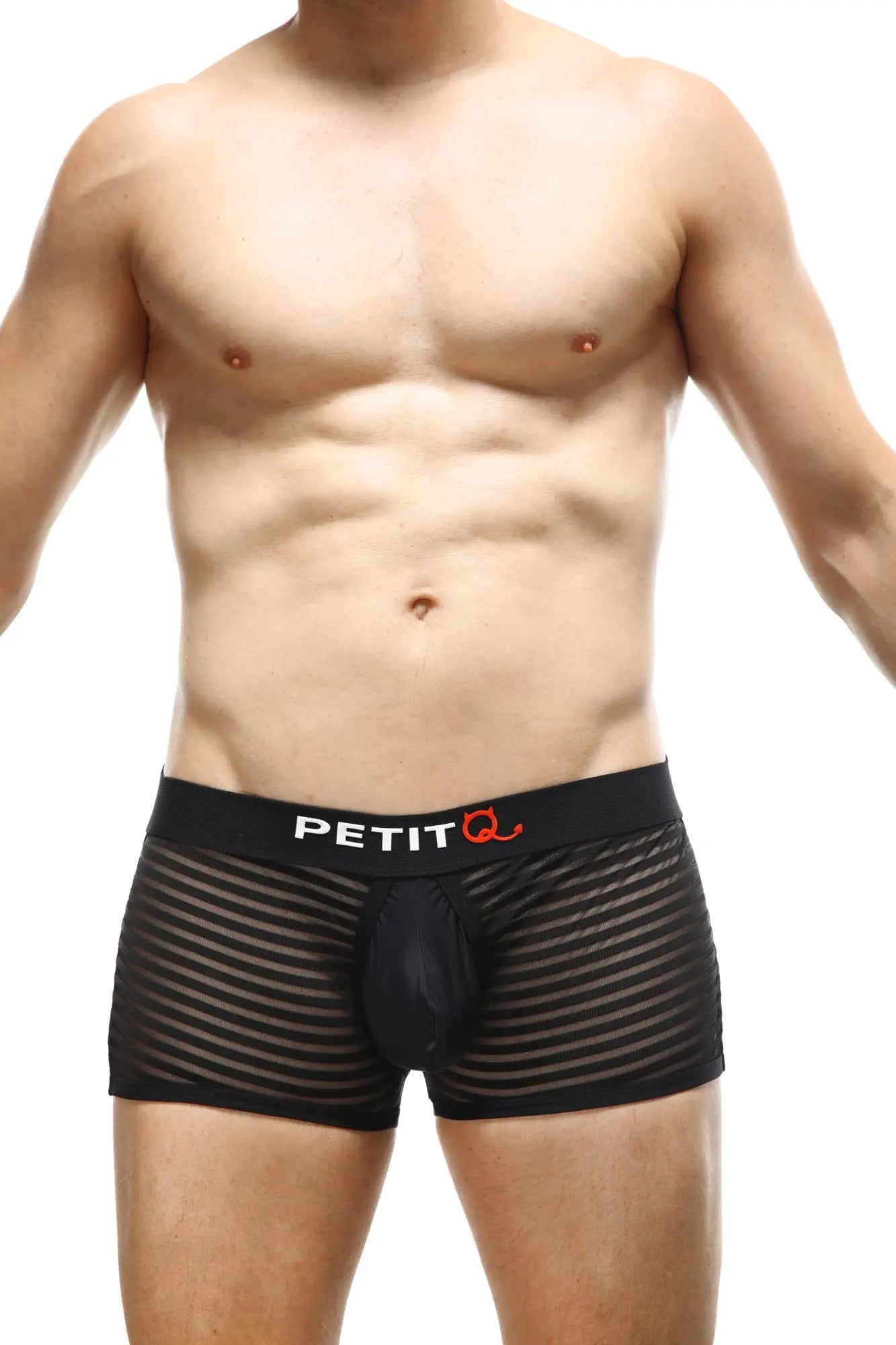 Black mesh petitq boxer jock mesh bars with solid black pouch and petit q logo on waistband front view