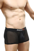 Black mesh petitq boxer jock mesh bars with solid black waistband featuring petit logo in white and orange