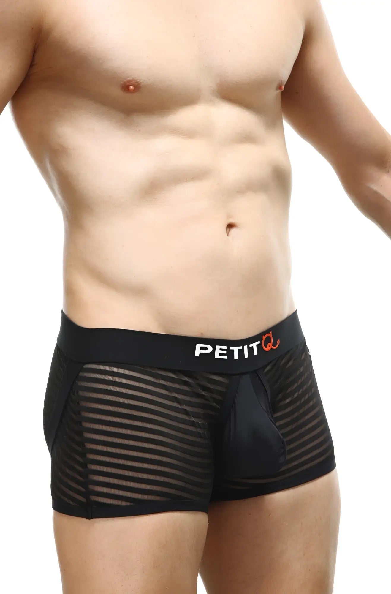 Black mesh petitq boxer jock mesh bars with solid black waistband featuring petit logo in white and orange