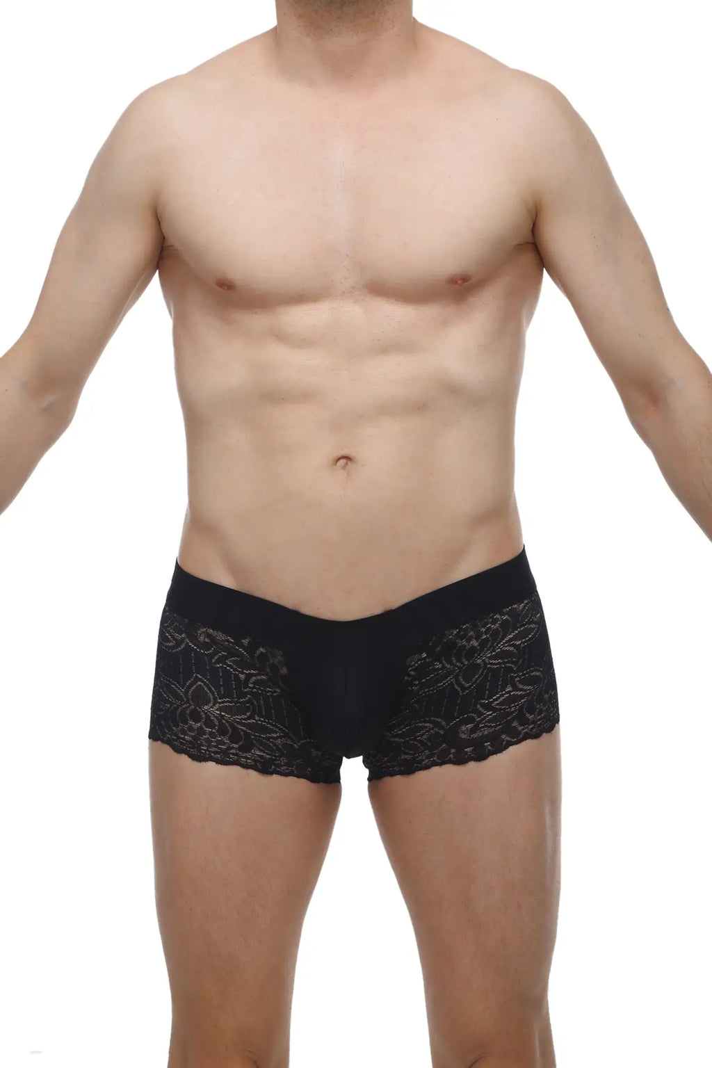 Petitq boxer lace giers black men’s briefs with black lace trim and delicate floral embroidery along the sides