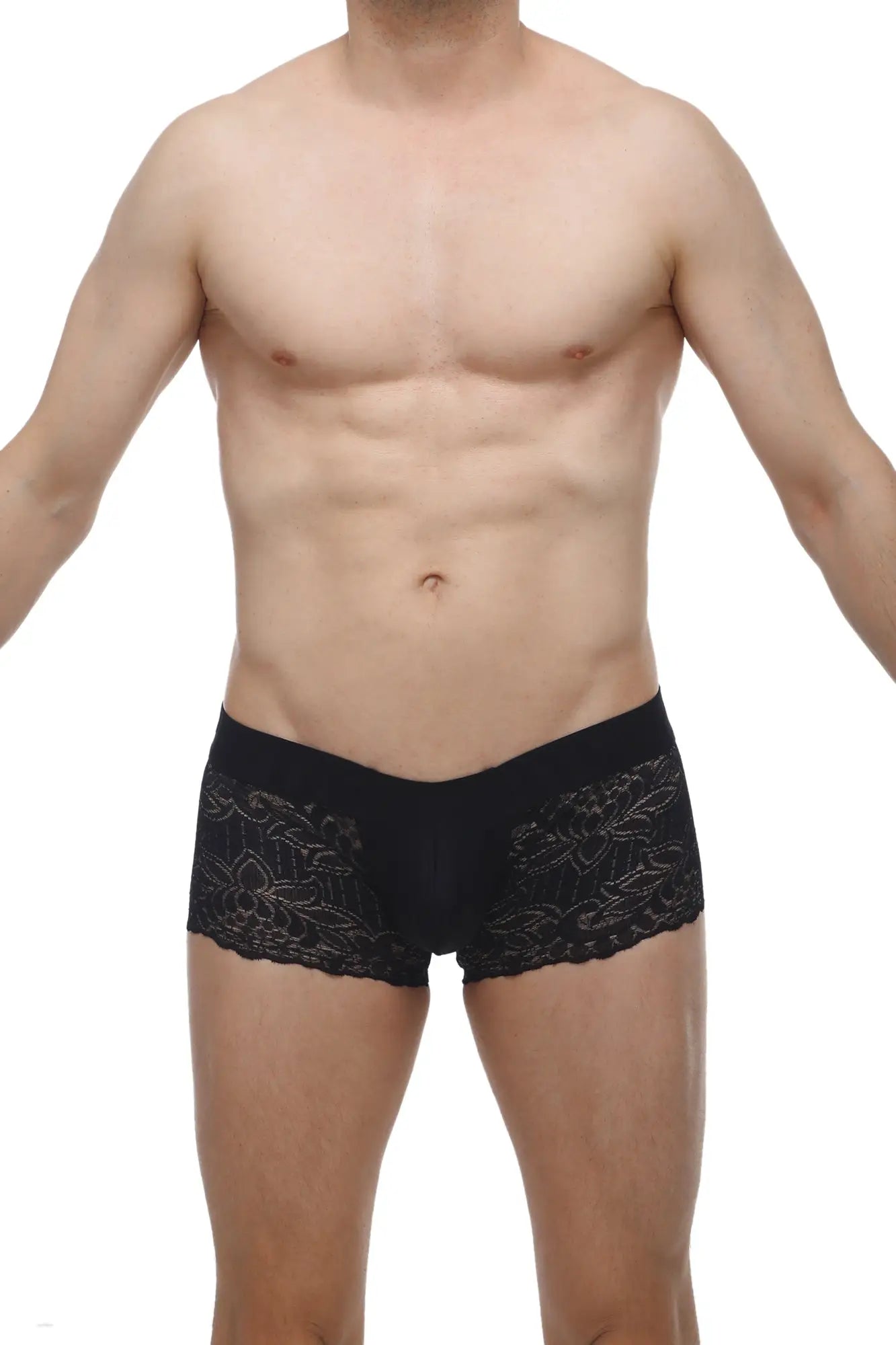Petitq boxer lace giers black men’s briefs with black lace trim and delicate floral embroidery along the sides