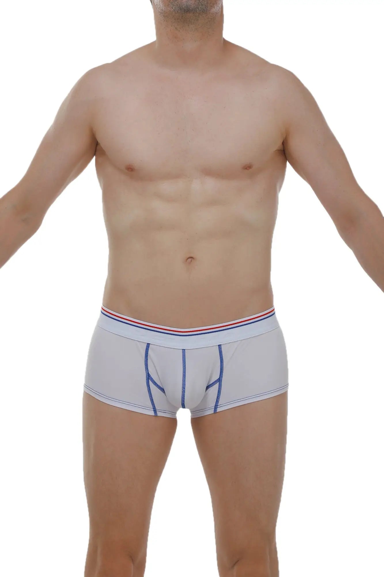 Light gray men’s boxer briefs with blue stitching and red white blue striped waistband in modal fabric