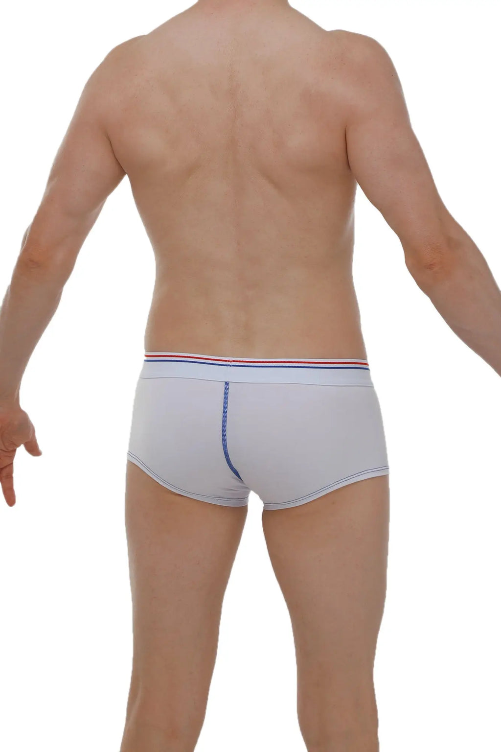 White men’s boxer mano modal briefs with red white and blue striped waistband and blue side seam stitching