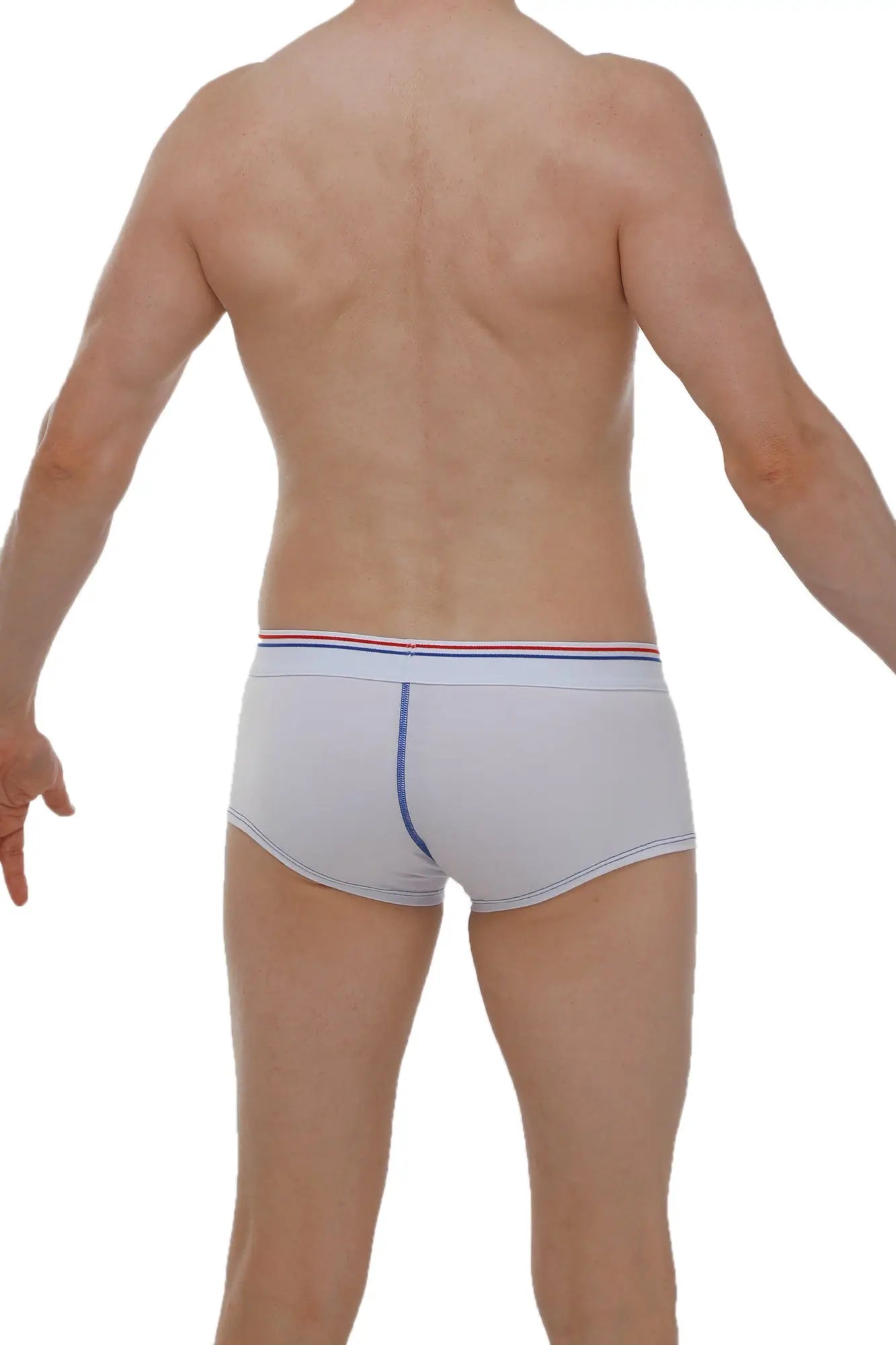 White men’s boxer mano modal briefs with red white and blue striped waistband and blue side seam stitching