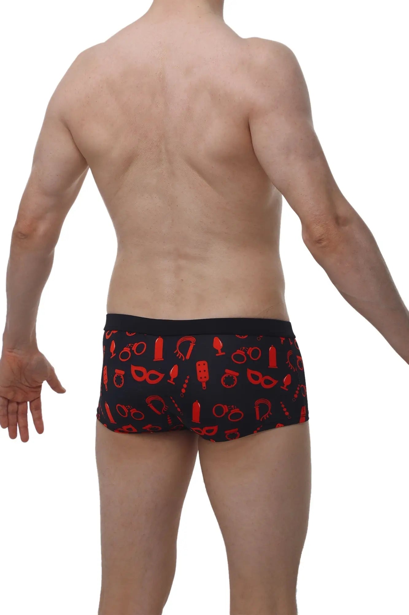 Black PetitQ boxer Meljac Boudoir briefs with bold red erotic pattern on soft fabric for intimate wear