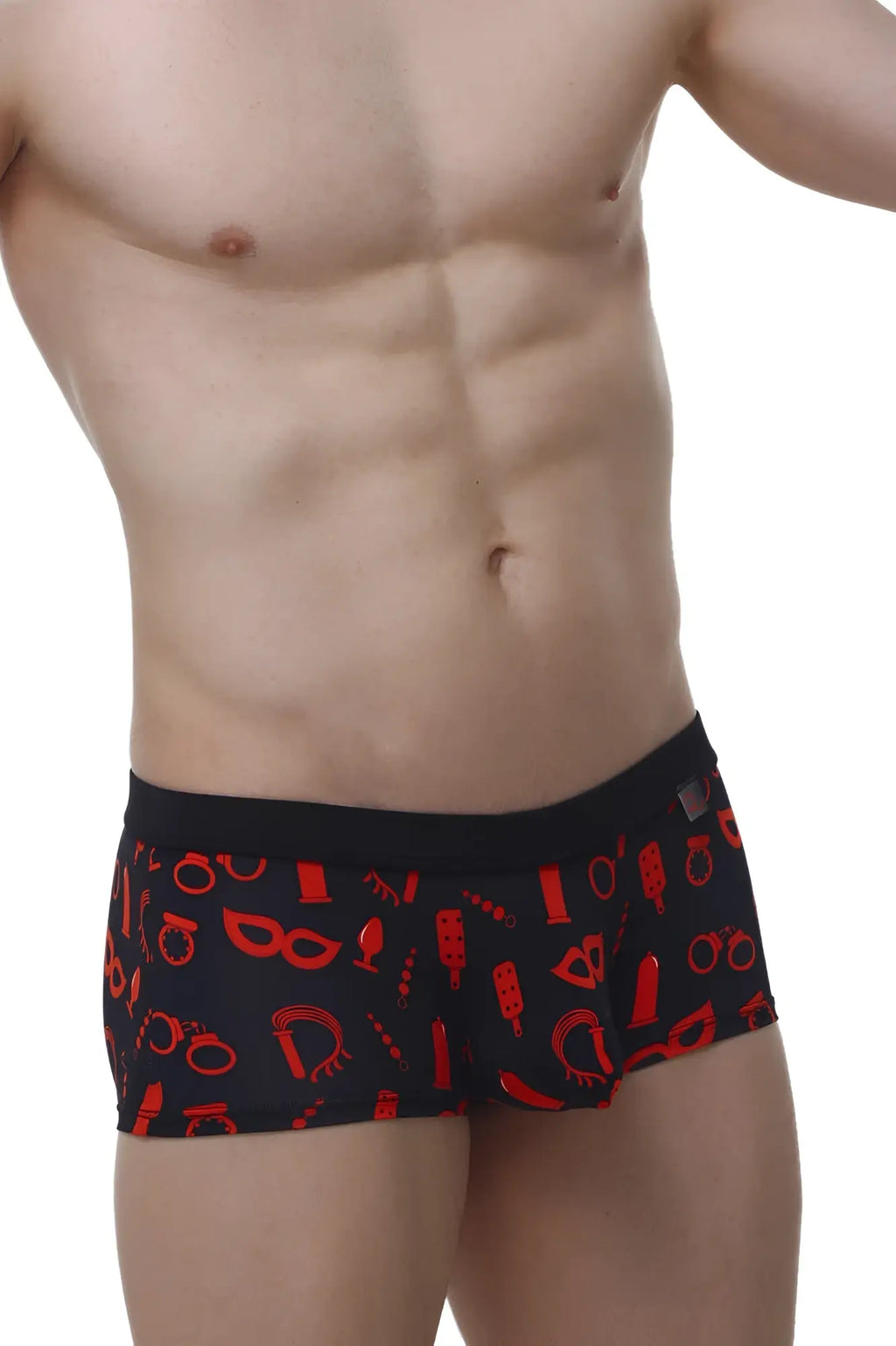 Black petitq boxer meljac boudoir briefs with bold red erotic symbol pattern made from soft fabric