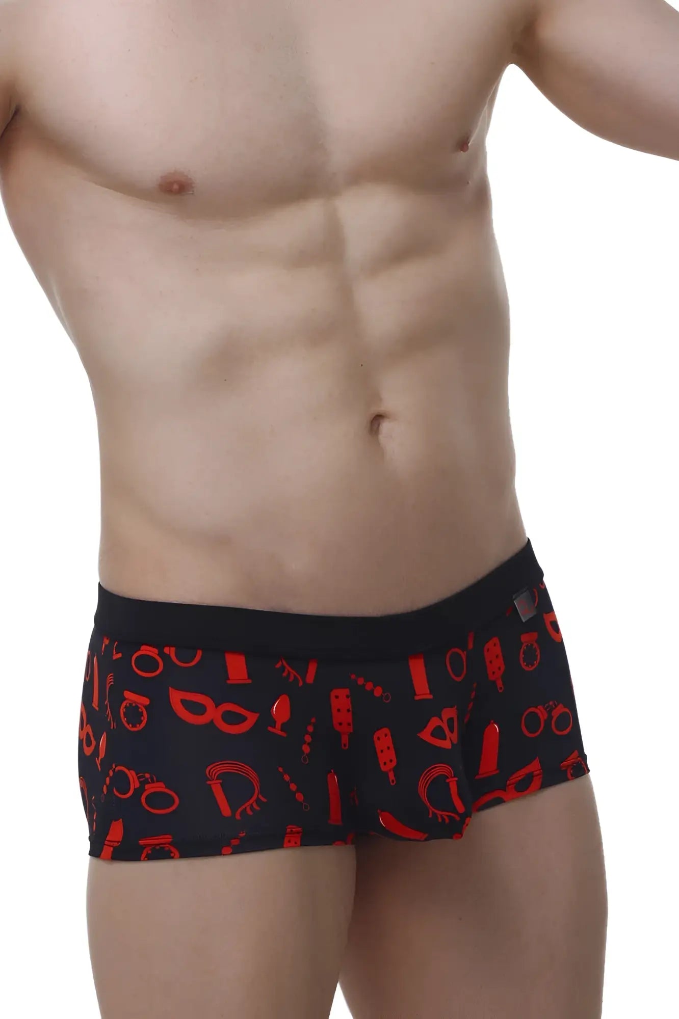Black petitq boxer meljac boudoir briefs with bold red erotic symbol pattern made from soft fabric