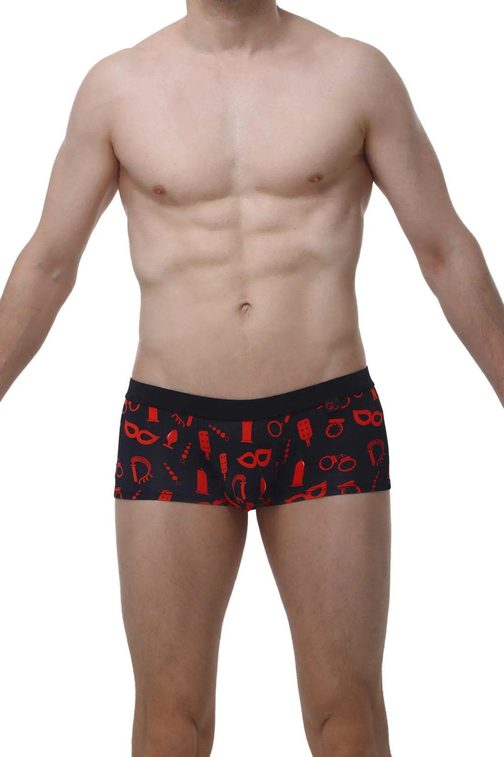 Black mens briefs petitq boxer meljac boudoir featuring bold red party and playful accessories pattern