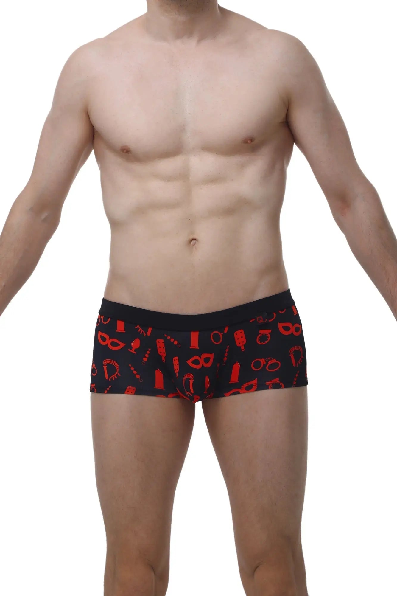 Black mens briefs petitq boxer meljac boudoir featuring bold red party and playful accessories pattern