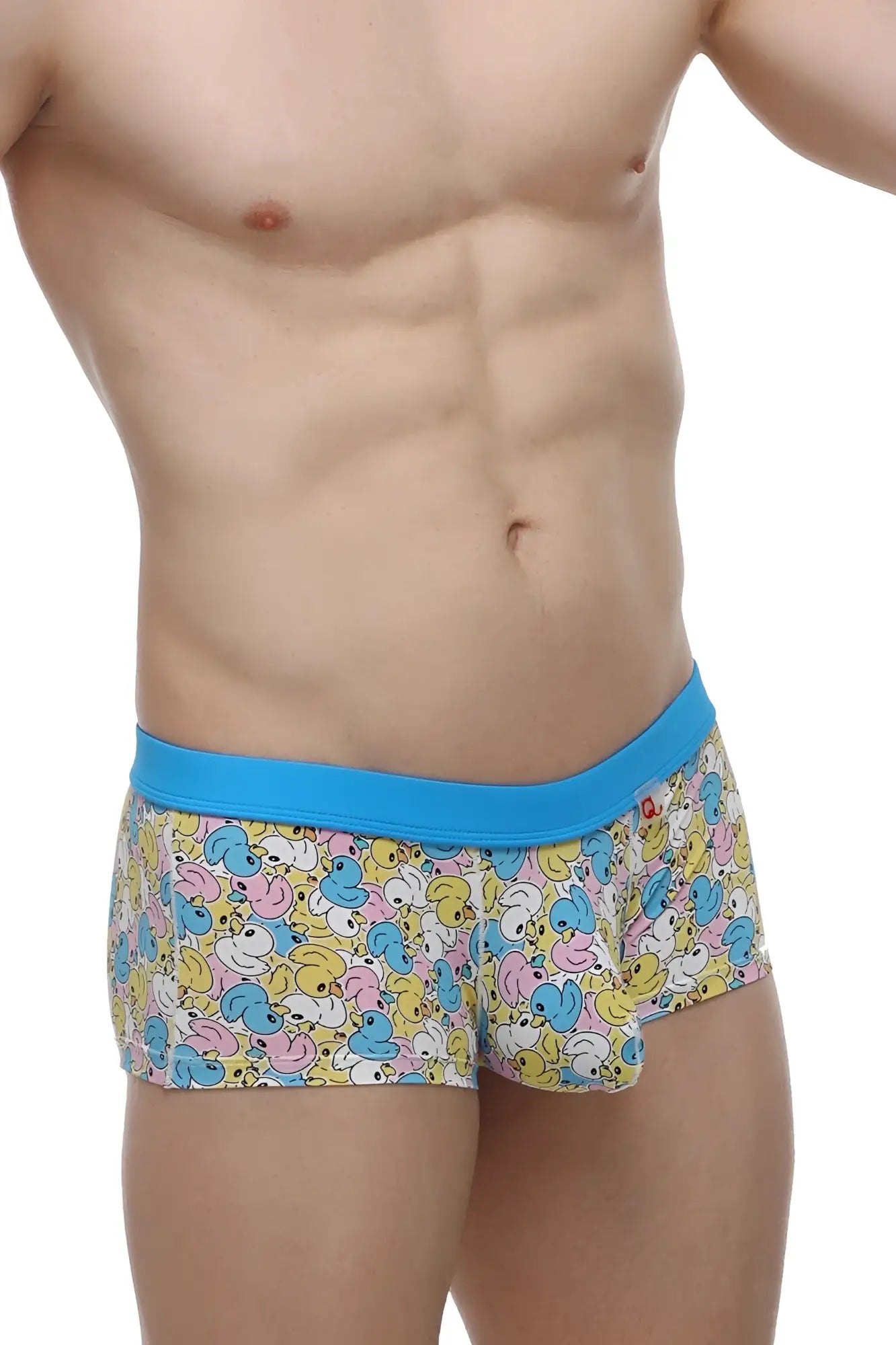 PetitQ boxer Meljac Duckies features a bright blue elastic waistband with pastel cartoon ducks on yellow fabric