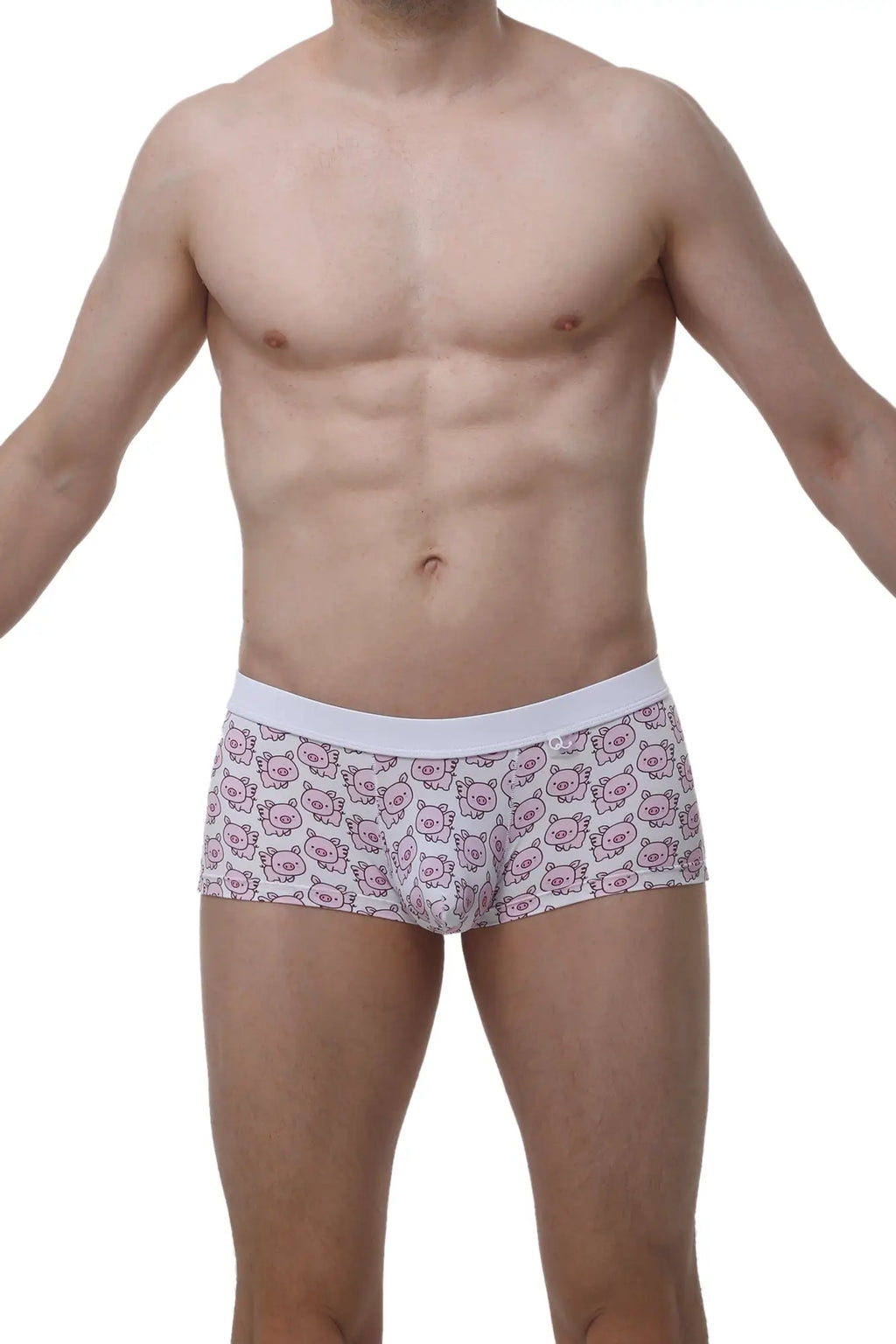 White petitq boxer briefs with a repeating pattern of pink cartoon pig faces in meljac piggy love design