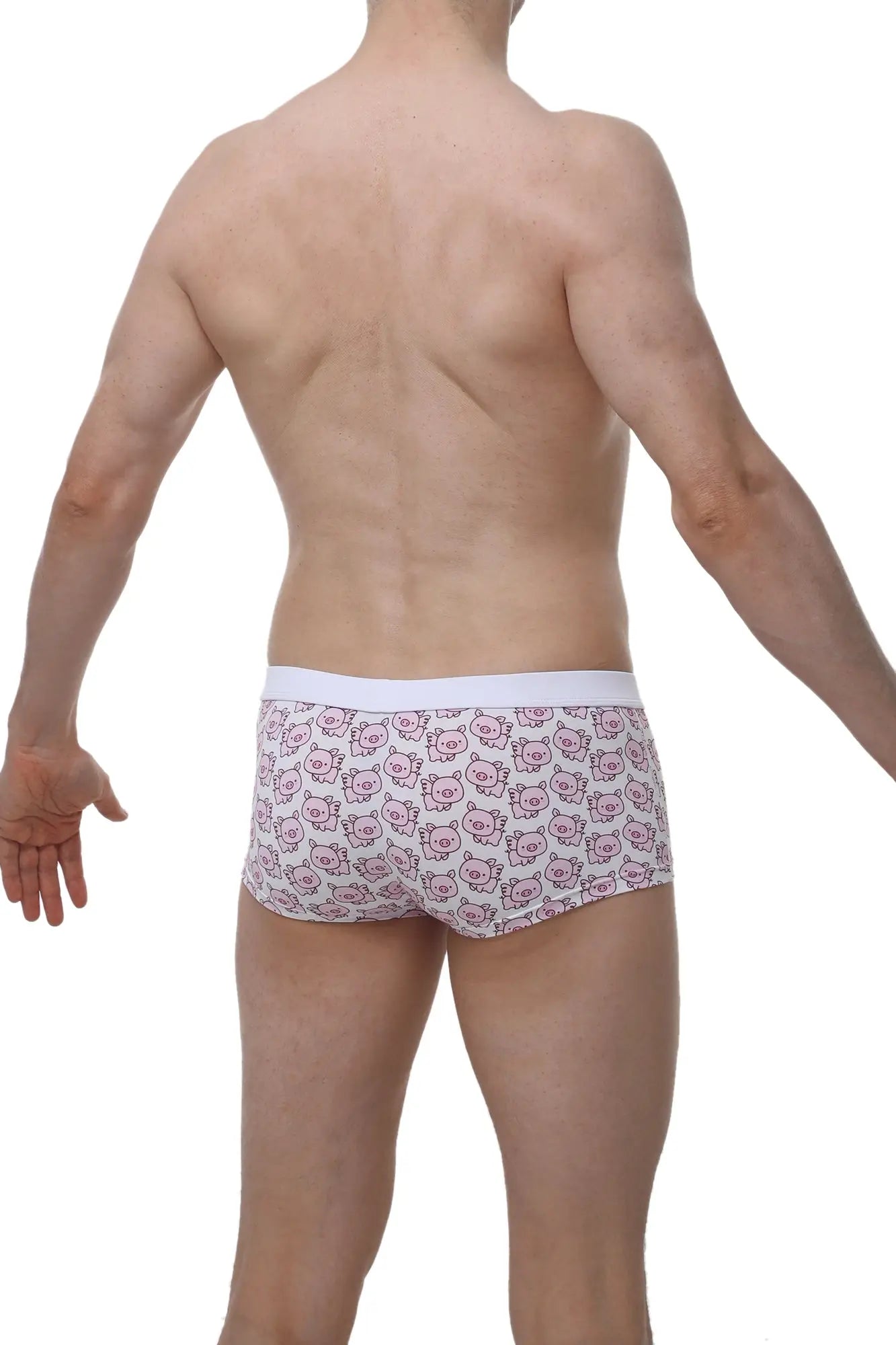 White PetitQ boxer briefs with a repeating pink cartoon pig pattern on a light background called Meljac Piggy Love