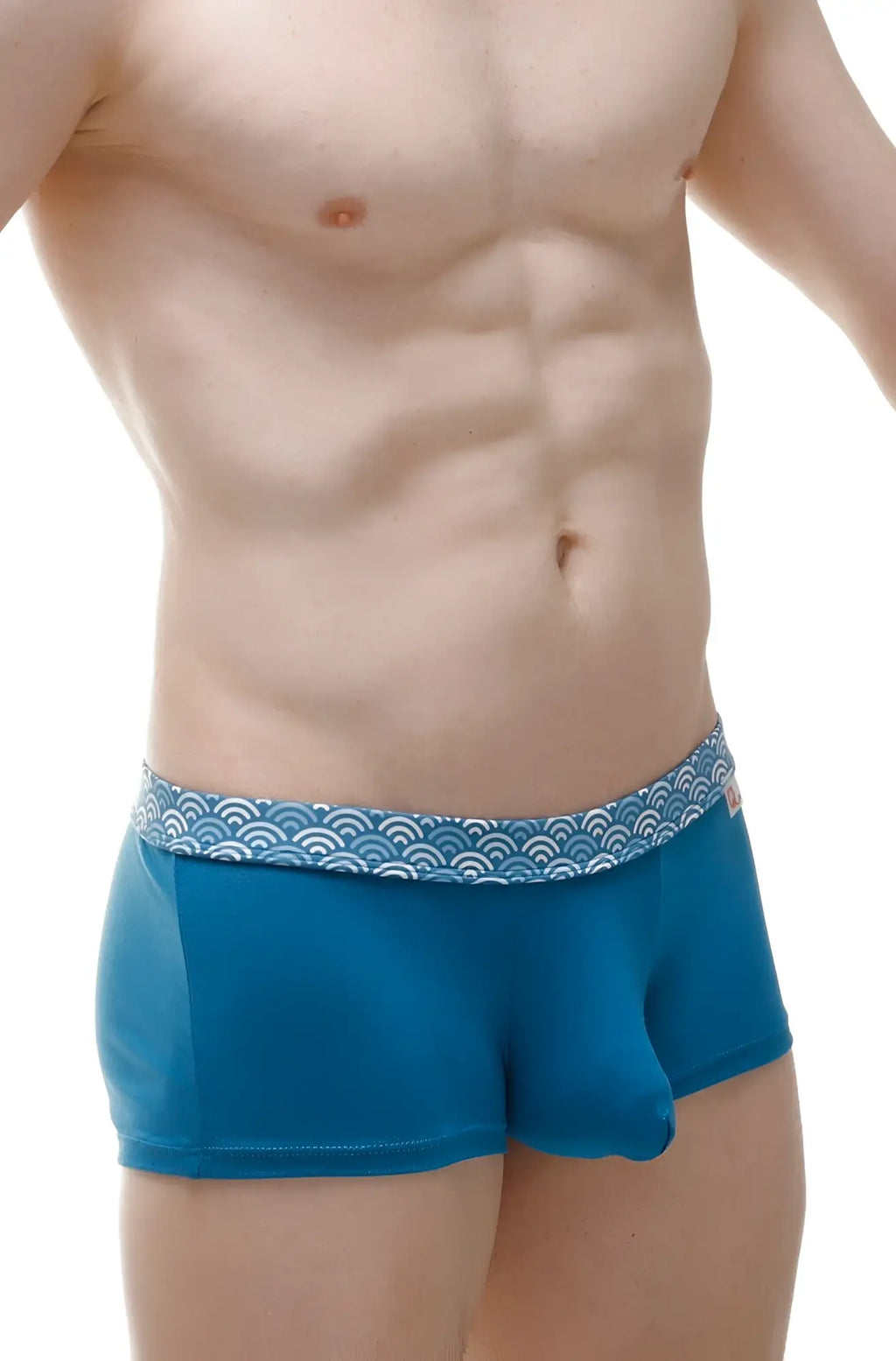 Blue petitq boxer meljac wave men’s briefs with white wave-patterned waistband designed for comfort and style