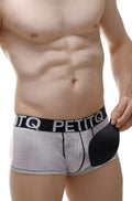 Gray and black petitq men’s modal boxer briefs with a contoured gel pad on the right side for support