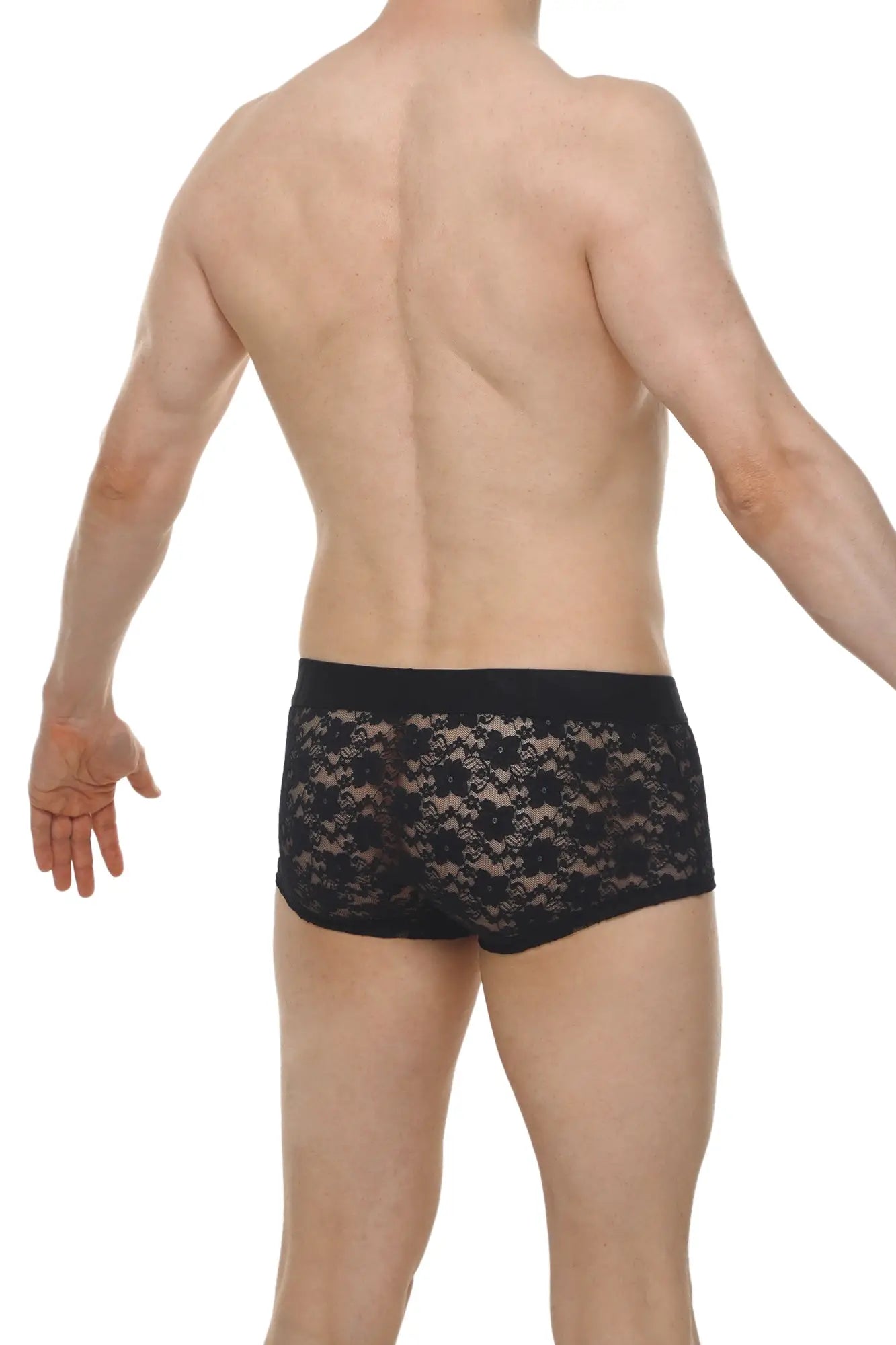 Boxer montils lace black black lace briefs with delicate floral pattern and solid waistband shown from the back
