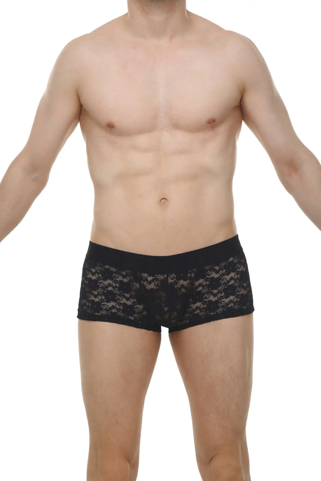 Black lace boxer montils lace black briefs with solid black waistband made from delicate lace material