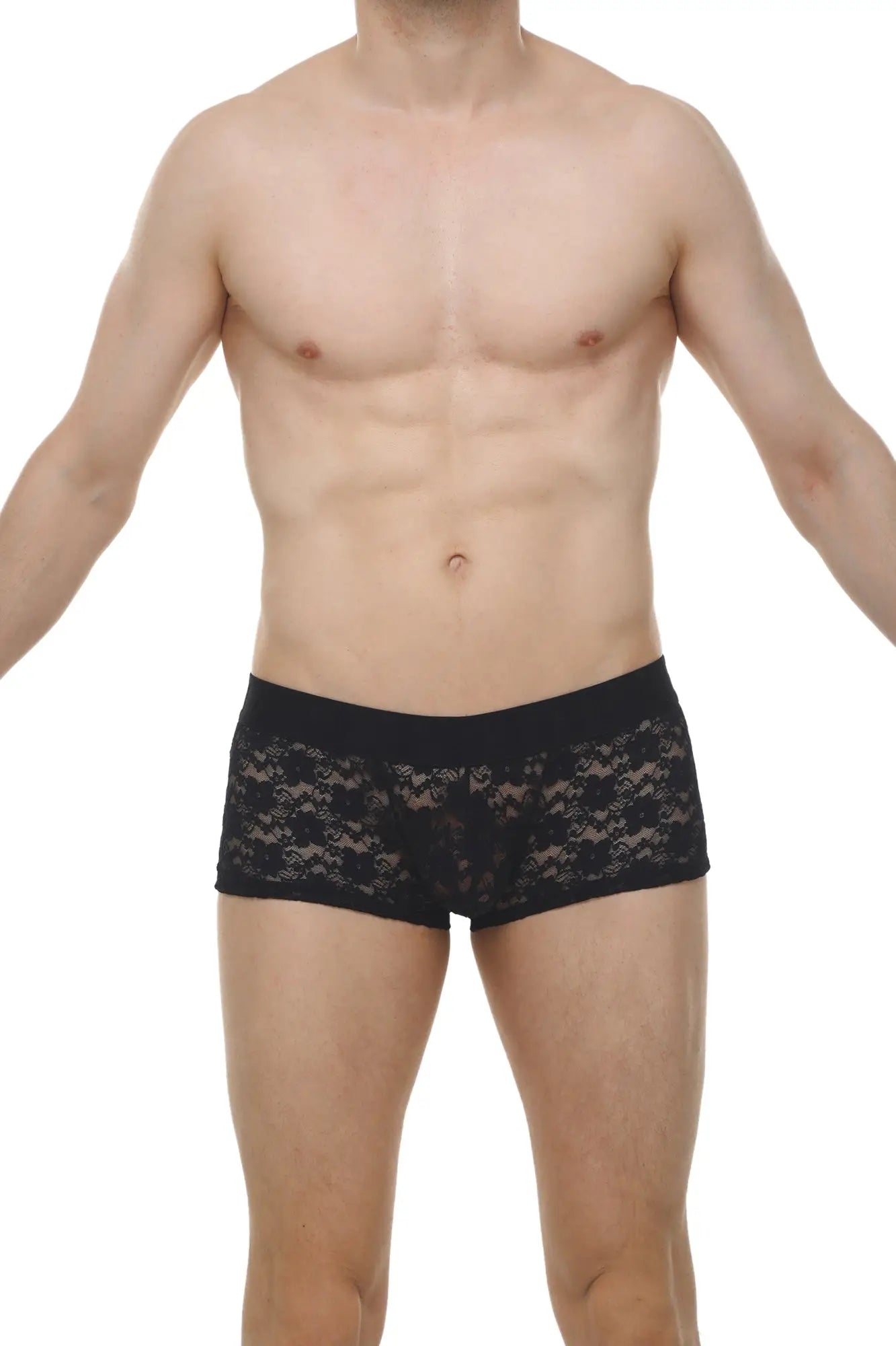 Black lace boxer montils lace black briefs with solid black waistband made from delicate lace material