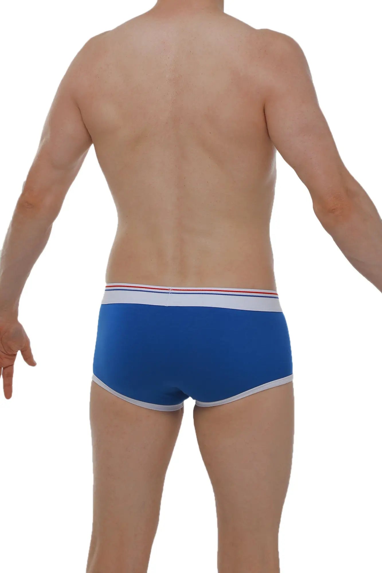 Blue men’s briefs boxer morrier blue with white and red striped trim for comfortable everyday wear