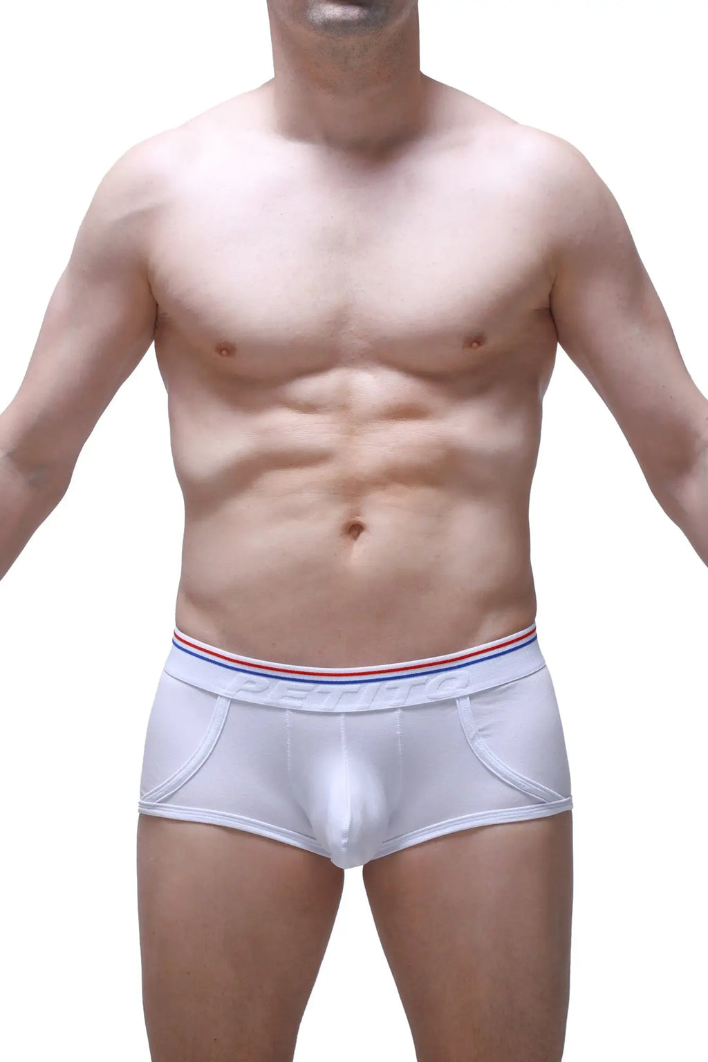 White petitq boxer morrier briefs with a red white and blue striped dentist branded elastic waistband