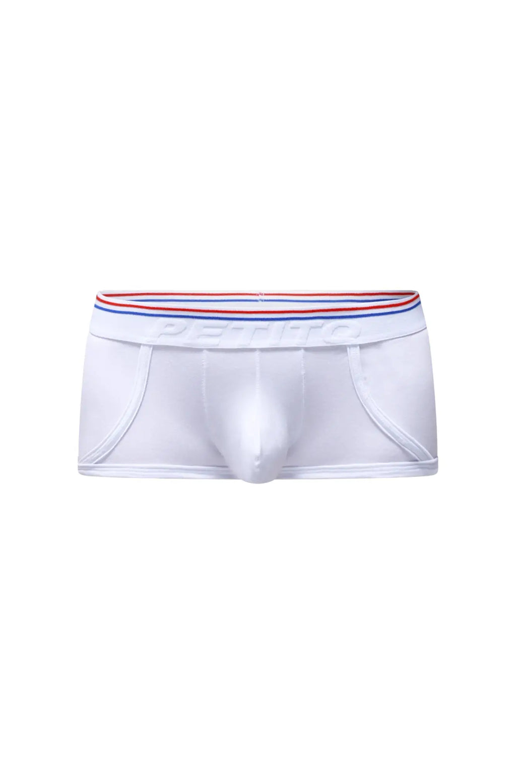 White petitq boxer morrier briefs with red white and blue striped elastic waistband featuring petitbag logo