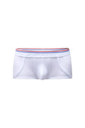 White petitq boxer morrier briefs with red white and blue striped elastic waistband featuring petitbag logo