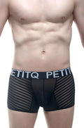 Black mesh boxer briefs with solid black waistband featuring petitq logo in white from PetitQ Boxer Mosnay Black collection