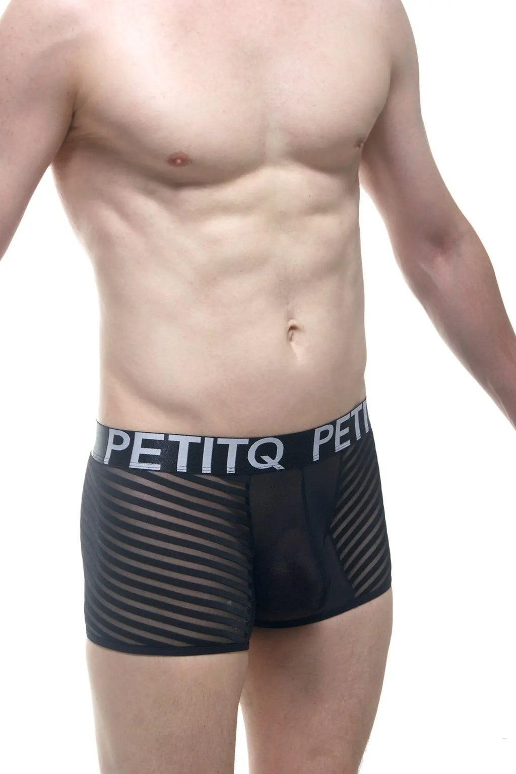 Black mesh petitq boxer mosnay briefs with white branded waistband for breathable comfort and style