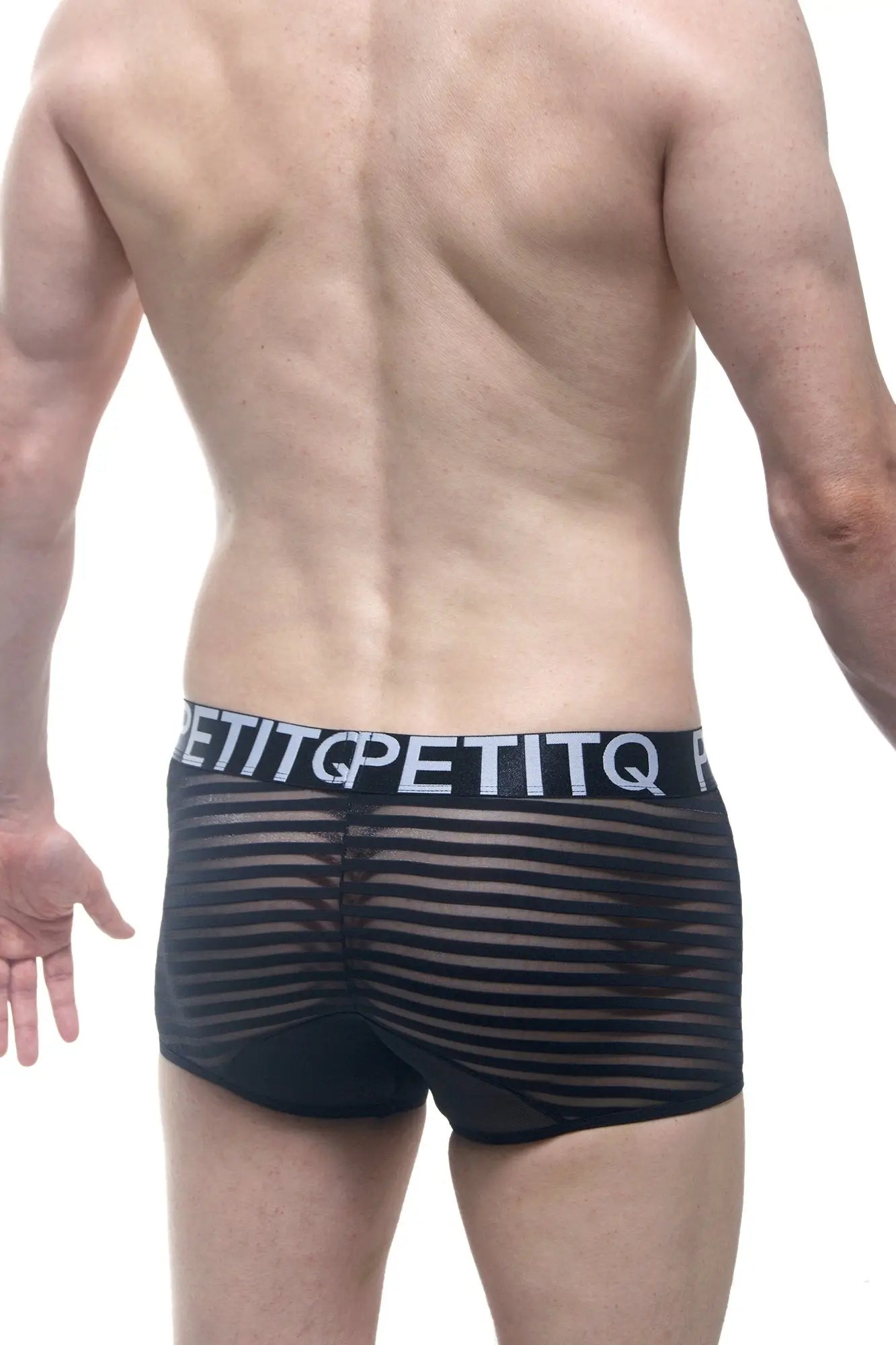Black sheer striped boxer briefs with a black elastic waistband featuring the petitq logo in white lettering