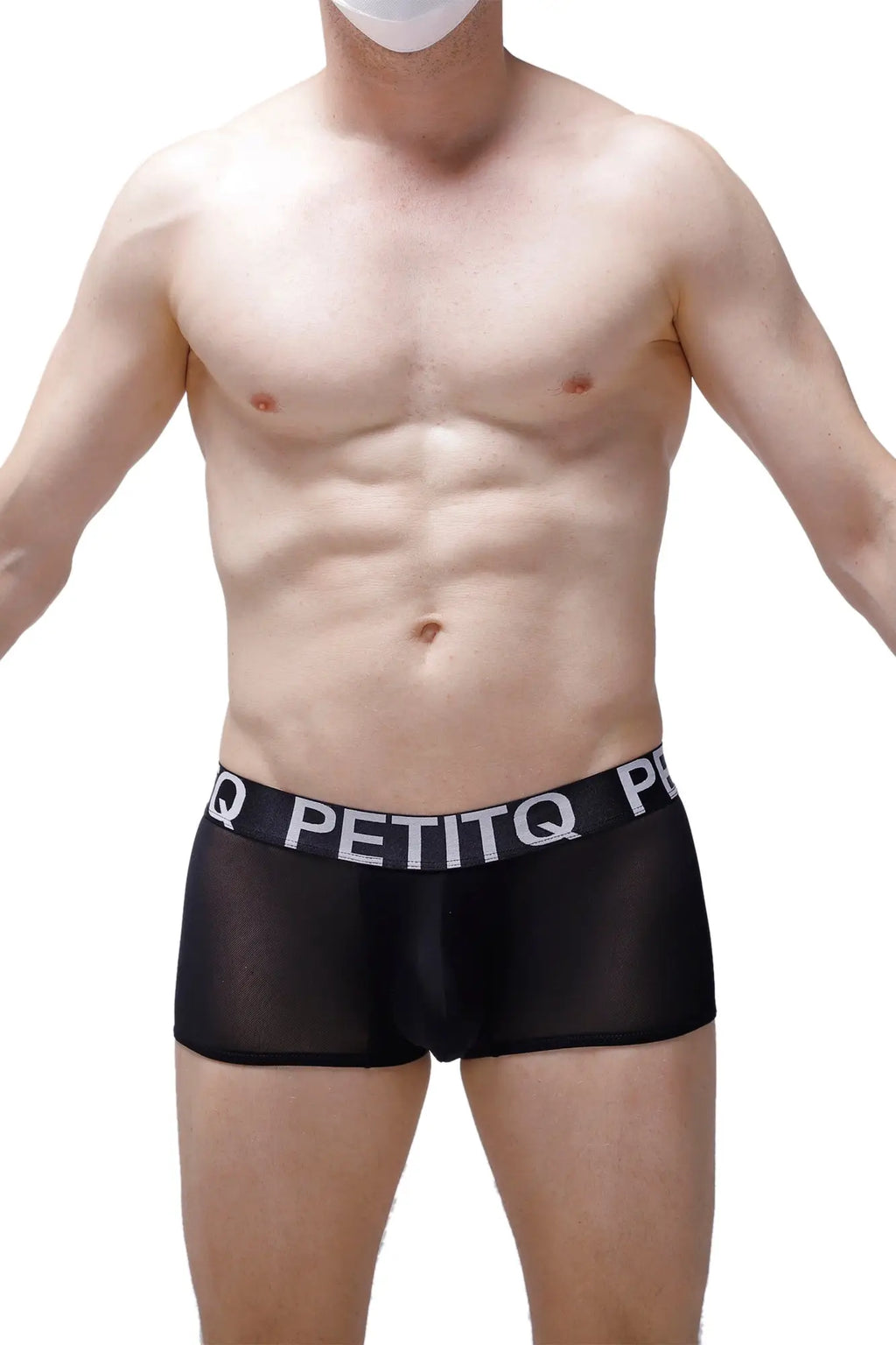 Black sheer men’s boxer briefs with a white PetitQ waistband made from lightweight breathable fabric