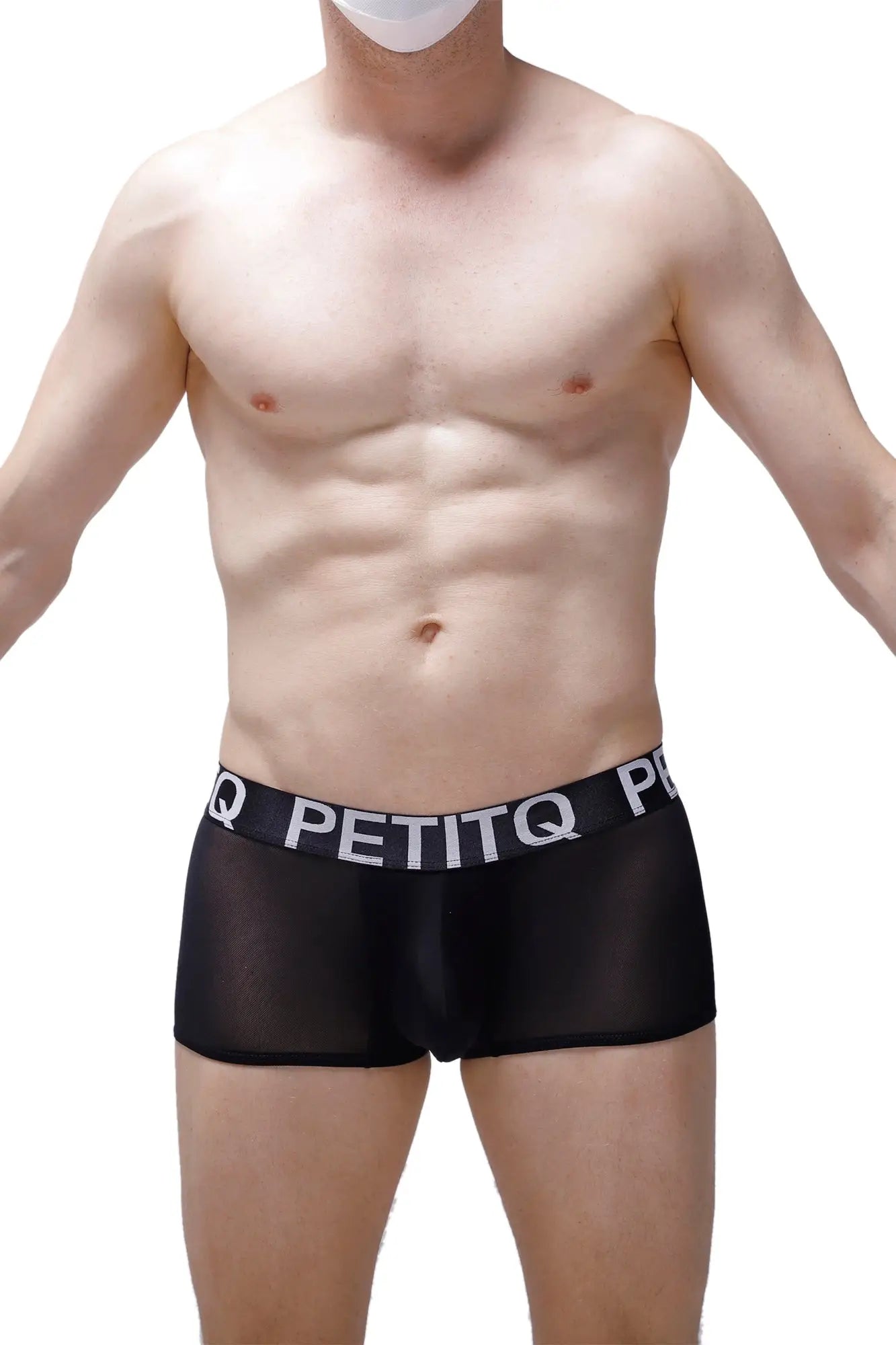 Black sheer men’s boxer briefs with a white PetitQ waistband made from lightweight breathable fabric