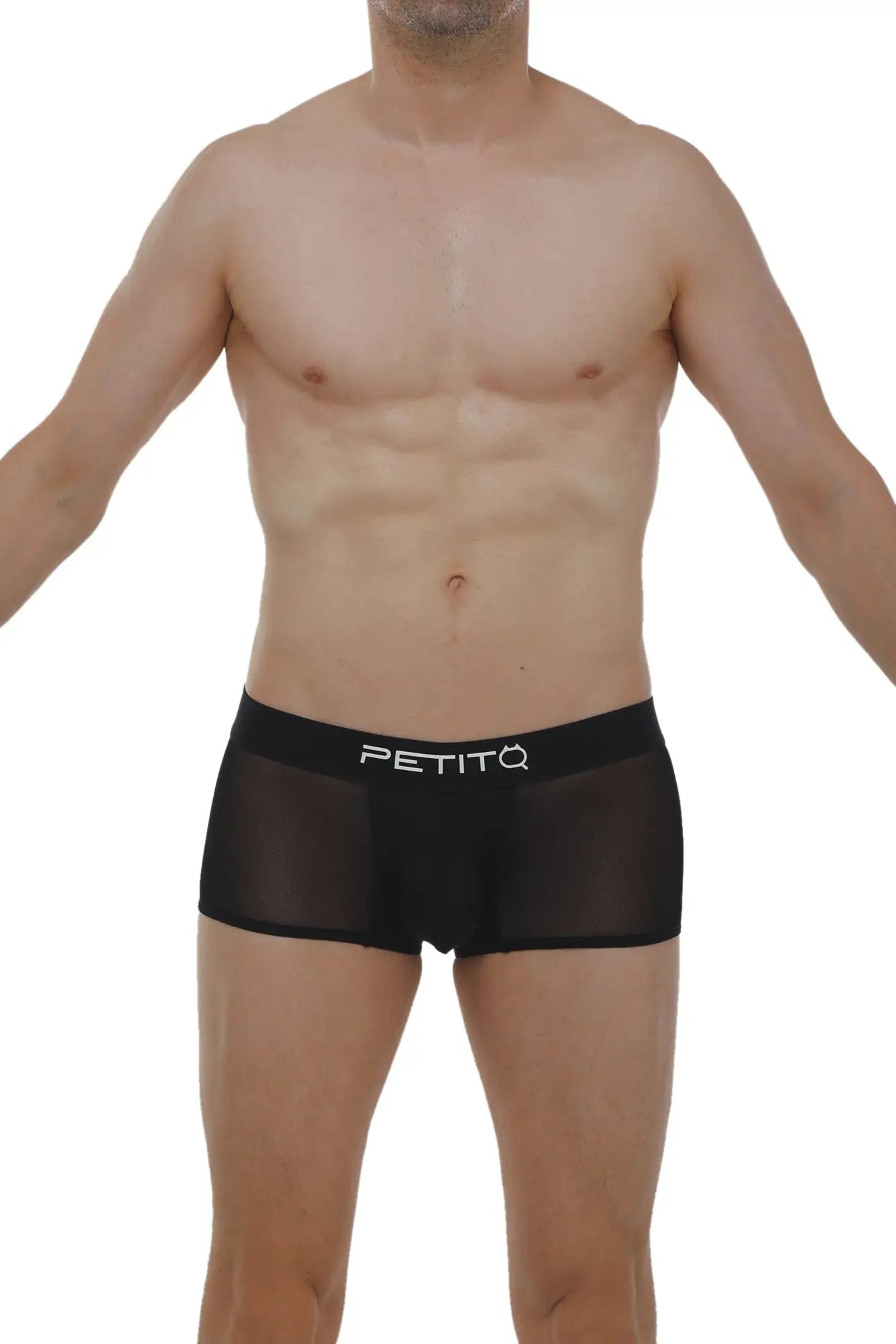 Black sheer mesh boxer briefs with white petitq logo on waistband in black color front view