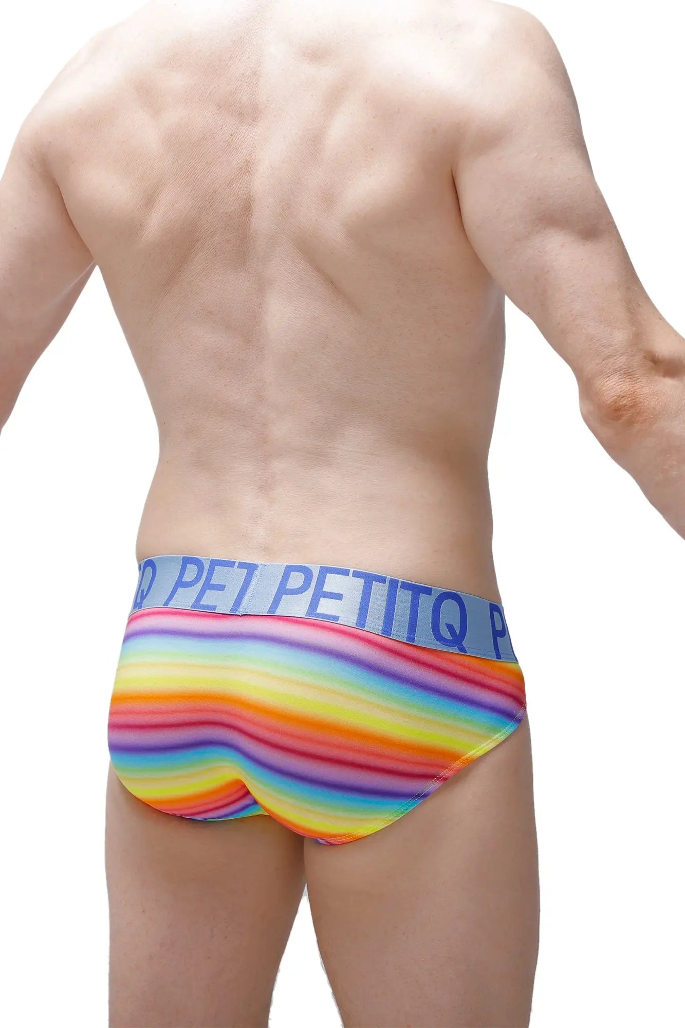 Rainbow-striped petitq boxer nouans andiol briefs with a blue waistband featuring the petitq brand name