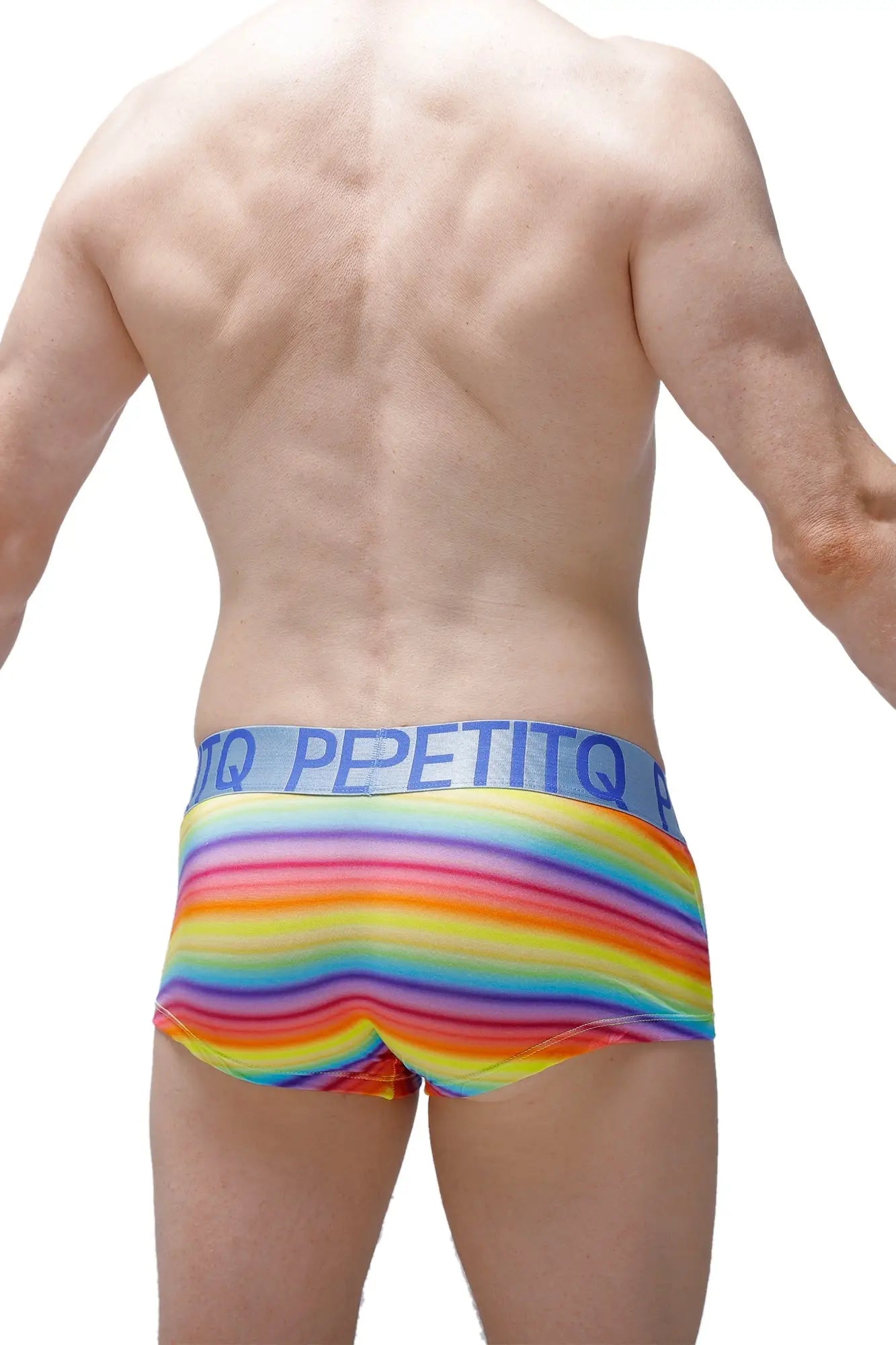 Rainbow-striped men’s PetitQ boxer briefs with blue waistband featuring the PetitQ brand name