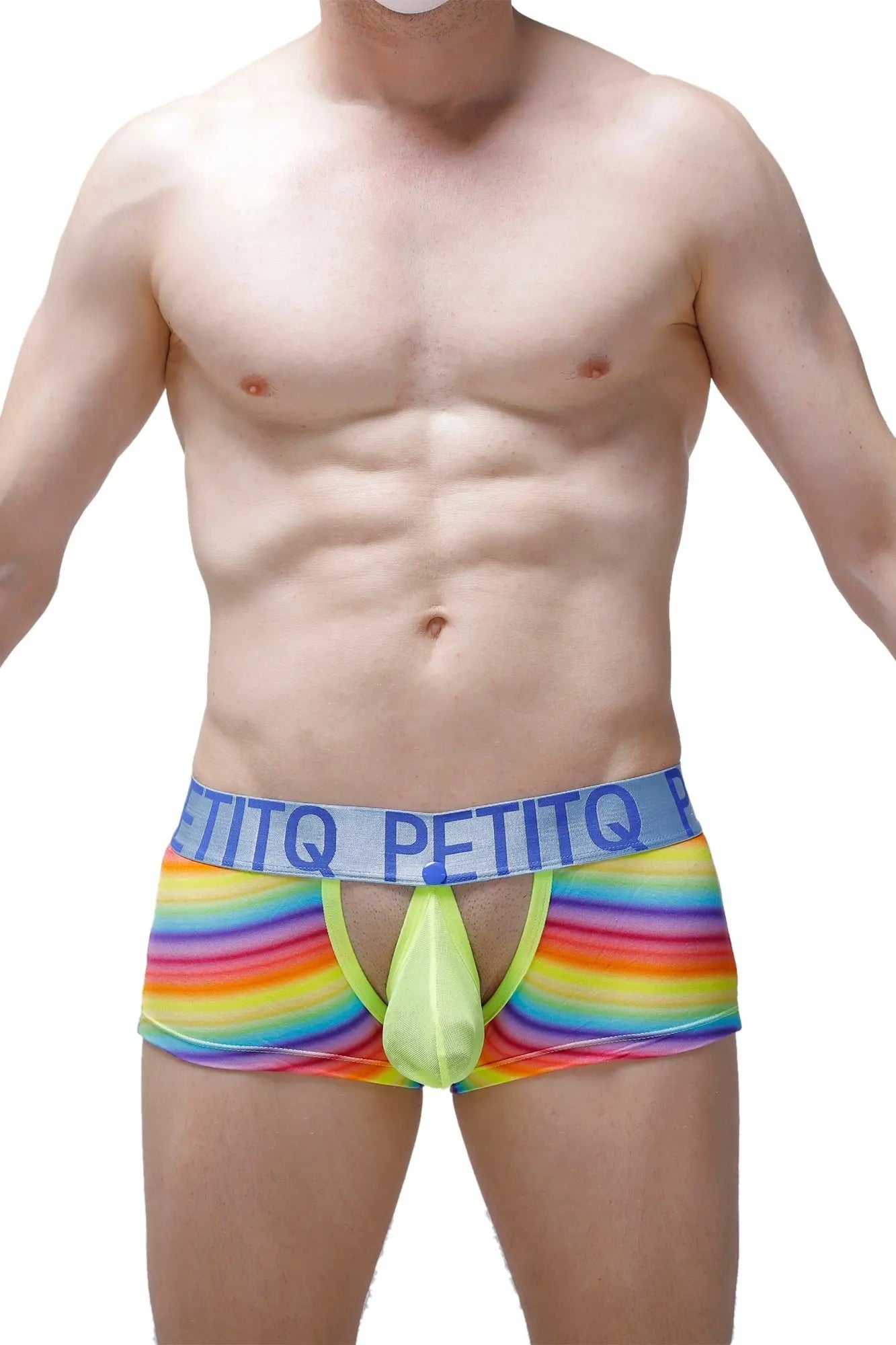 Petitq boxer nouans andiol rainbow-striped men’s briefs with neon green front pouch and elastic waistband
