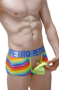 Petitq boxer nouans andiol men’s underwear with rainbow stripes neon green pouch and blue waistband with petitq branding