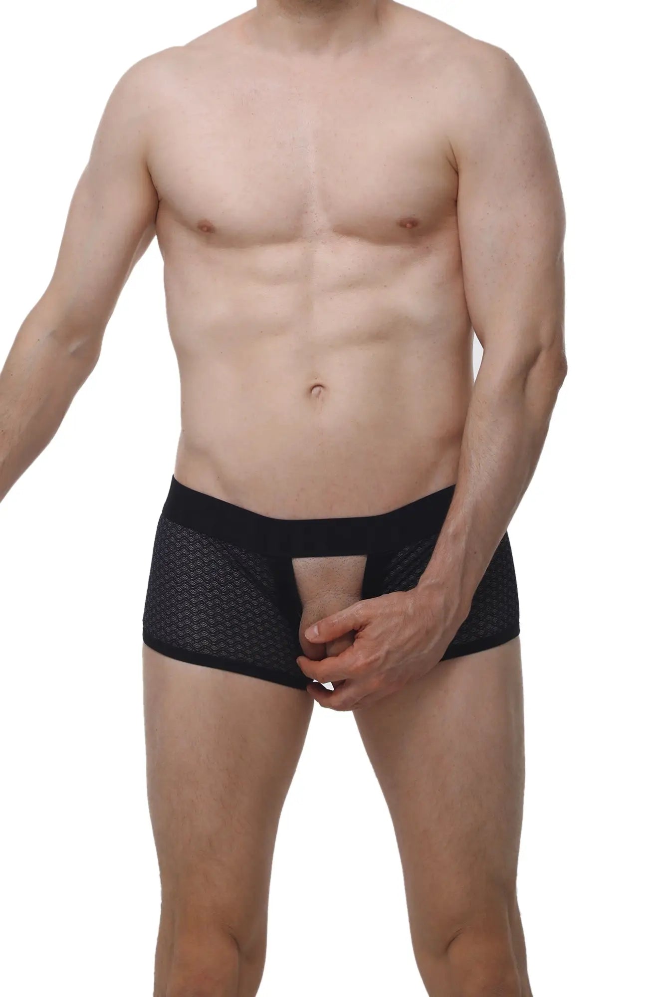 PetitQ boxer Olloix Macra black mesh briefs with solid black waistband and central cutout