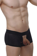 PetitQ boxer Olloix Macra black mesh briefs with solid black waistband and open front design for men