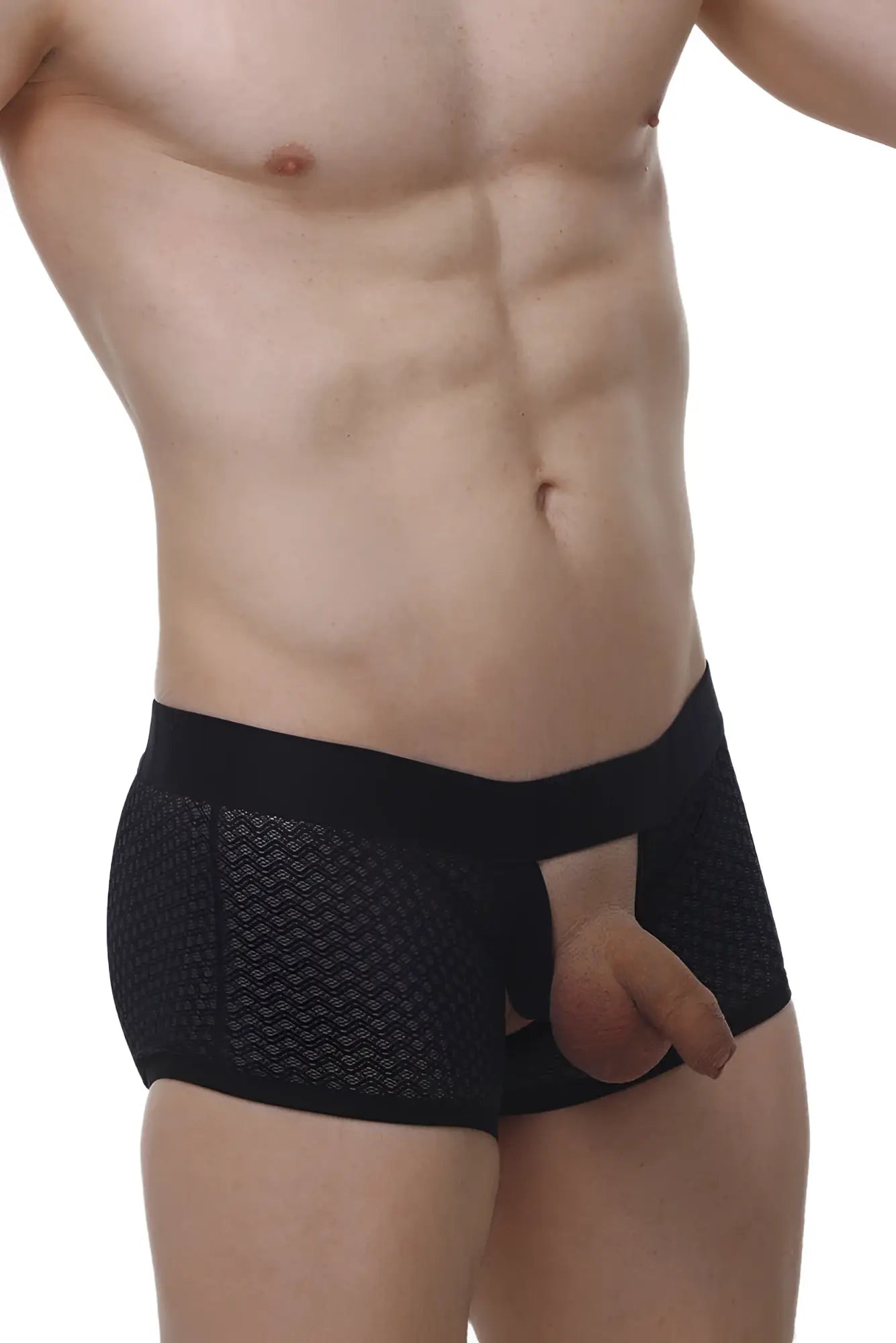 PetitQ boxer Olloix Macra black mesh briefs with solid black waistband and open front design for men