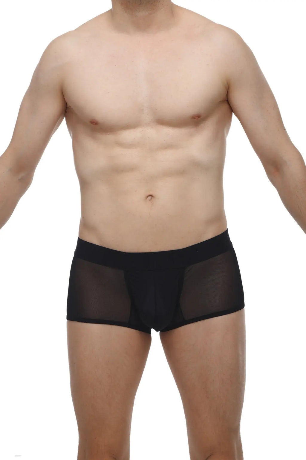 Black mesh briefs with a solid black waistband petitq boxer oncieux black front view