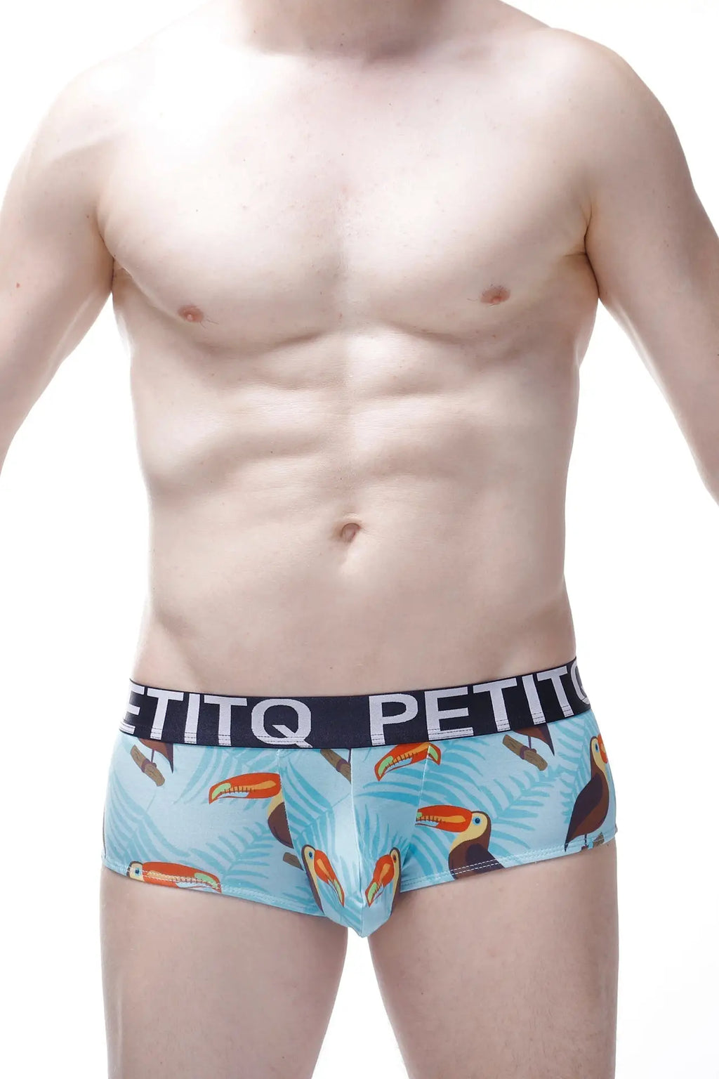 Light blue petitq boxer briefs with vibrant toucan and tropical leaf pattern and black elastic waistband