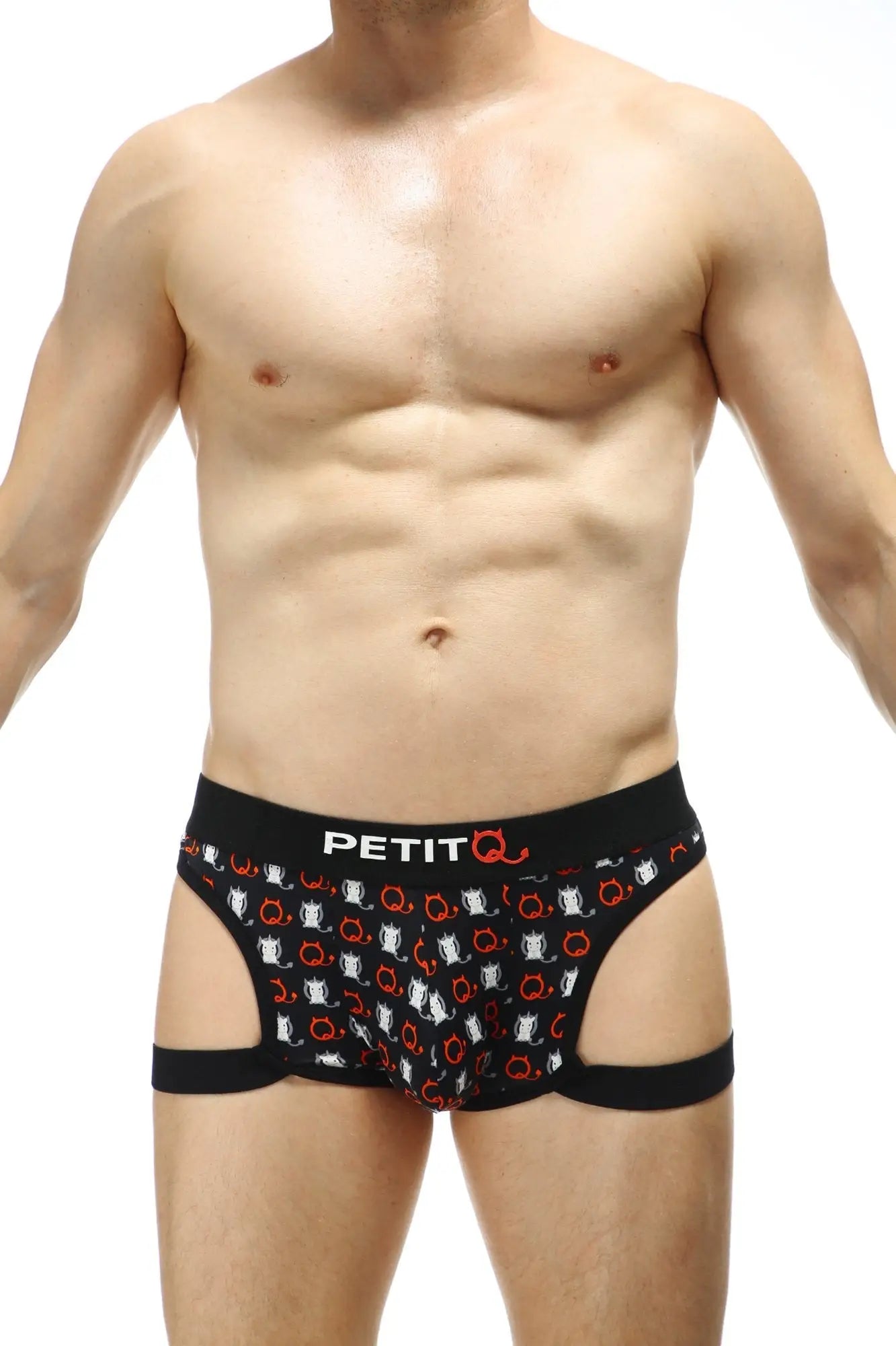 Black petitq boxer poggio millesime briefs with playful white and red cartoon skull pattern for men